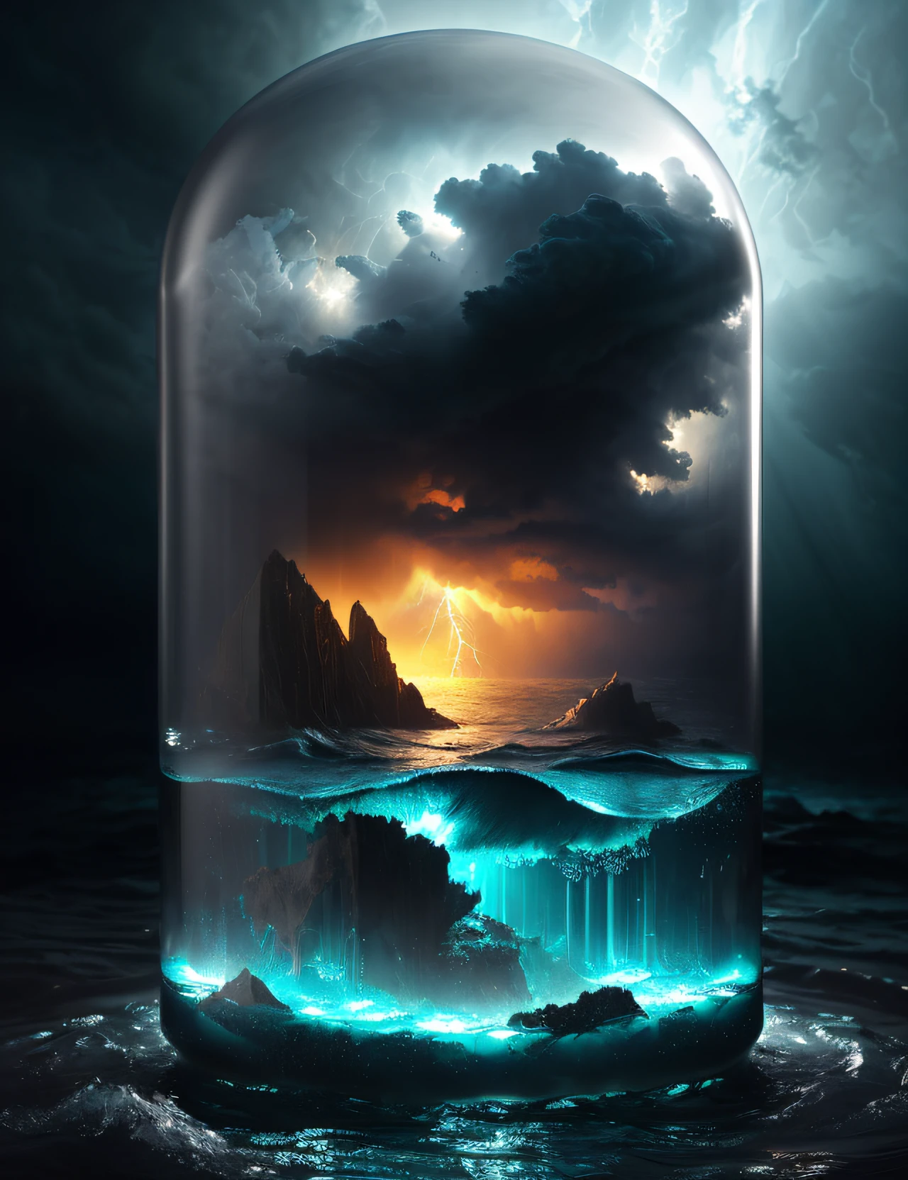 knollingcase, ocean scenery of Atlantis inside of water globe, thunderstorm, transparent data visualization, trending on art station, by Tom Bagshaw and Seb McKinnon, ultra detailed, hyper-realistic, cinematic, dramatic lighting, volumetric lighting, 150mm, octane render, photorealistic, denoise, photograph with a Hasselblad H3DII