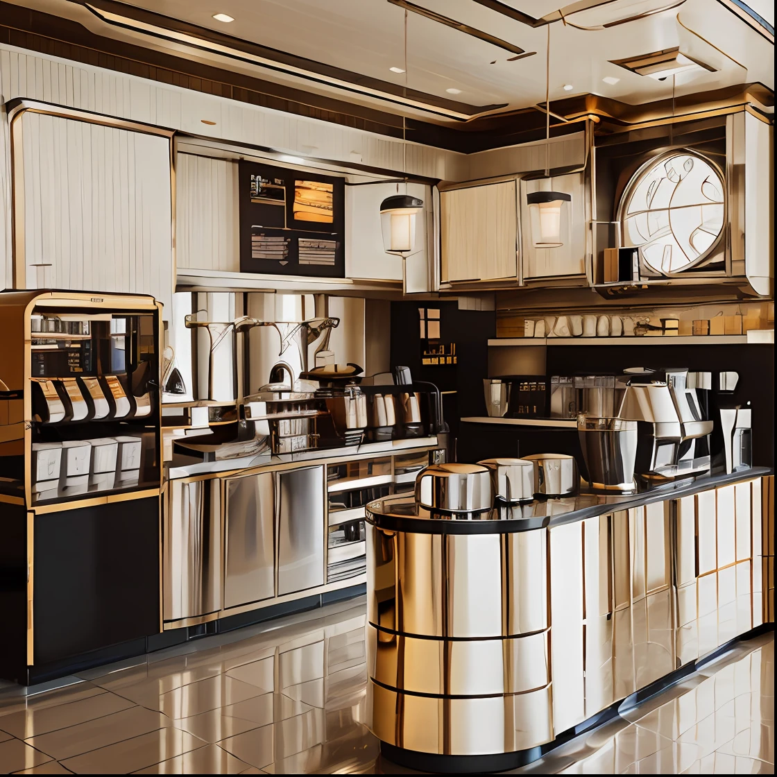 Coffee shop , art deco style , stainless steel , day light , luxury , minimalism design , hd 8k , details , light warm-up, sharpen details 8k, fullcolor , coffee machine