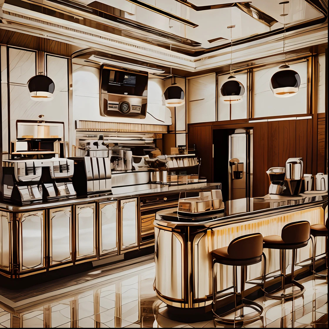 Coffee shop , art deco style , stainless steel , day light , luxury , minimalism design , hd 8k , details , light warm-up, sharpen details 8k, fullcolor , coffee machine