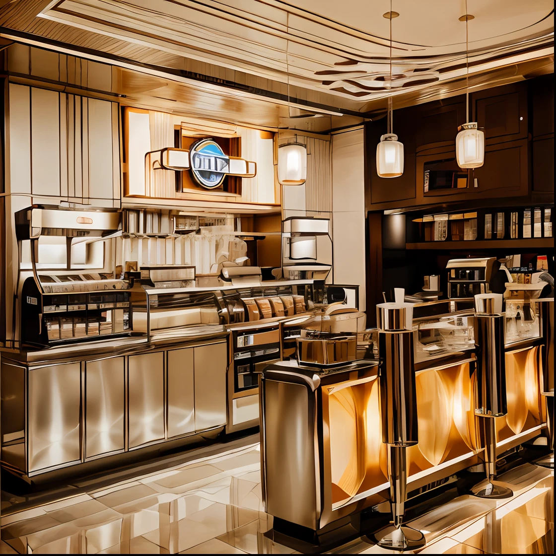Coffee shop , art deco style , stainless steel , day light , luxury , minimalism design , hd 8k , details , light warm-up, sharpen details 8k, fullcolor , coffee machine