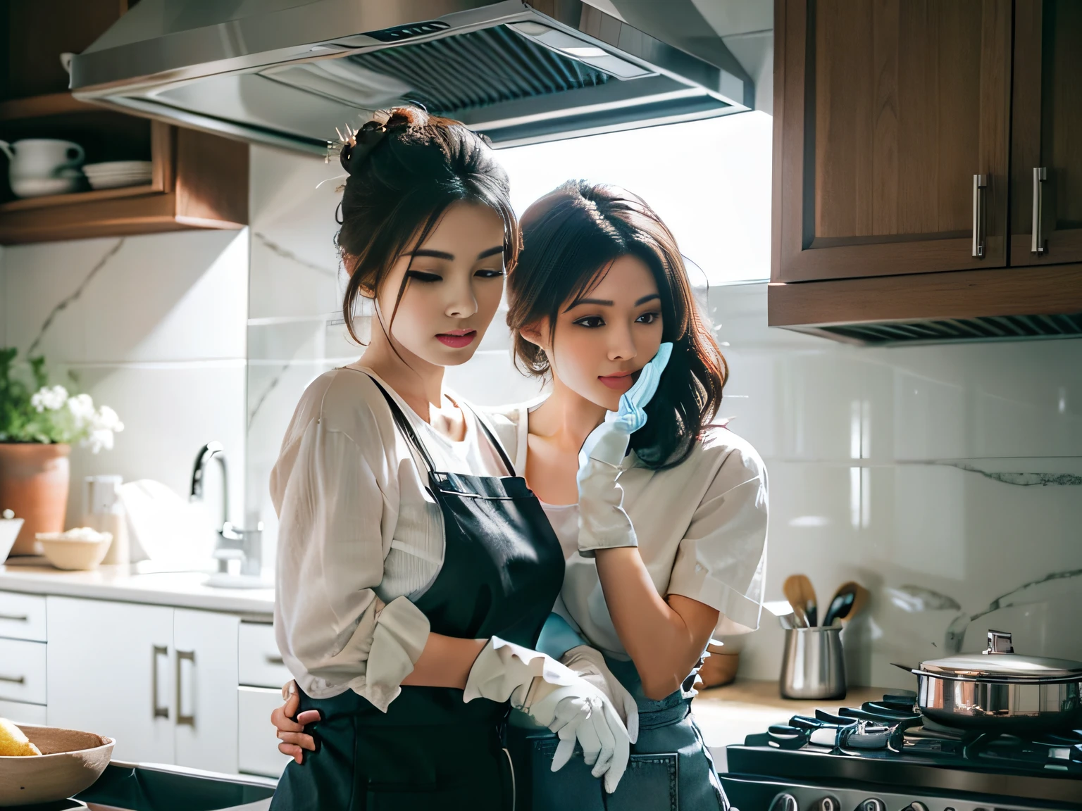 2 women wearing gloves,Hold the cleaner in hand,Focus on cleaning the range hood,face emphasis。