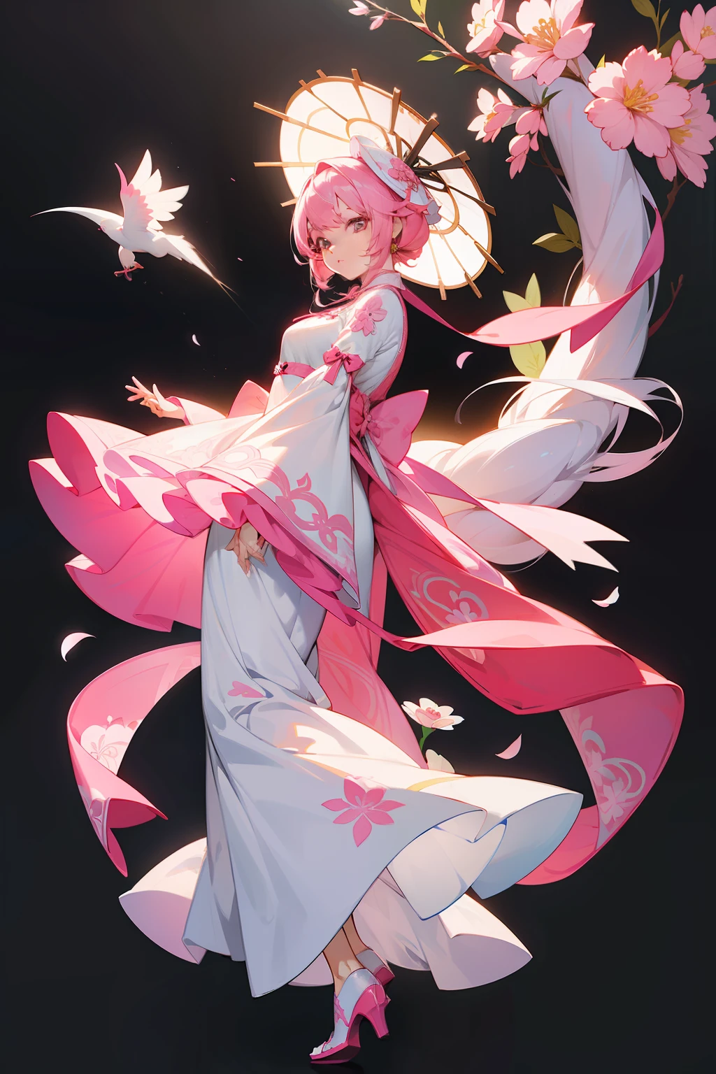 Anime girl with pink hair and white hat and intricate dress design, full body concept,Digital art on Pixiv, on cheongsam.Flowers under the skirt.[ Character costume design ]