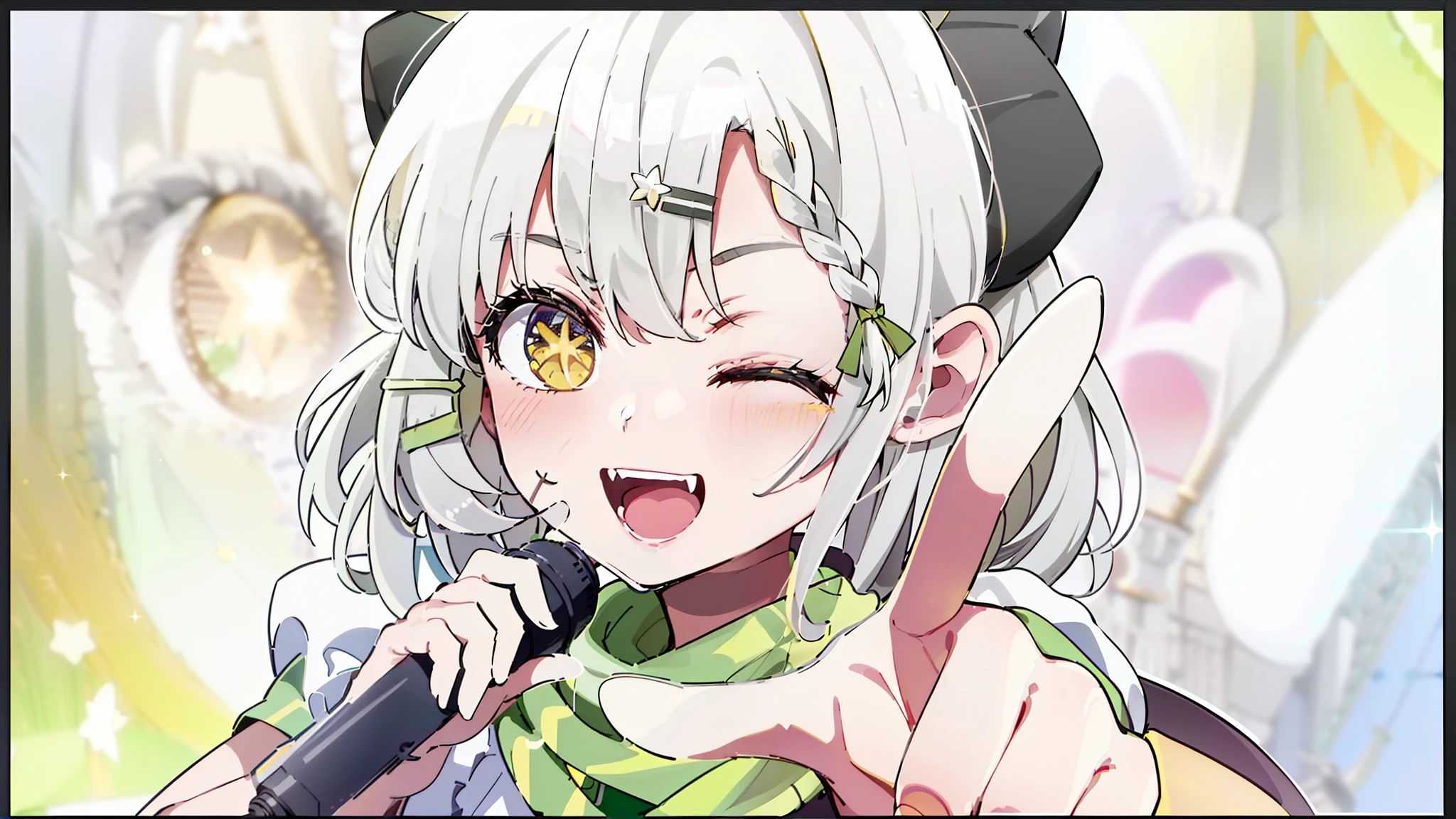 Masterpiece,Short hair,Shining eyes,(White idol costume),(A matcha-colored scarf:1.5), Dance, Sing, brilliance, be on stage,Green hair accessories, Stage, striated hair, Radiant eyes, mitts, Sing with your mouth open,(((White hair))), ahoge,((((french braid)))),(((((Dark gray corners))))),(((((Yellow eyes))))),(Handheld black microphone),(Golden light ),face,eye_Focus,((Singing)),aiming at viewer,((Point one finger at the viewer)),Striped hair, (Star-shaped pupils:1.4),(One eye closed:1.4),((((Green hairpins)))),(Scars on the face )