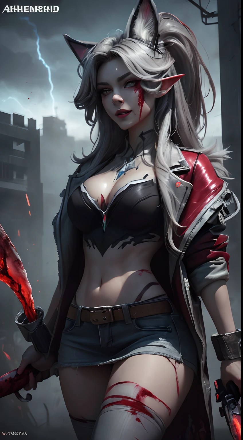 (Ashenhardt style:1.4), Masterpiece, Best quality, High quality,(Red eyes with dark red glow), (in profile), Abstraction, Deep Sea, Award-winning photography, Depth of field, HDR, Very detailed, Trending in art station, Trending in CGsociety, Complex, High detail,(Masterpiece: 1.2, highest quality), (Best lighting, very delicate and beautiful), (Best lighting, Very delicate and beautiful), (beautiful detailed face), (detailed eyes and detailed face:1.2), dark fantasy, (young girl, 1girl, solo, crazy smile, pale skin,G cup,cleavage,19 piercings,((tattoo all over body,tribal tattoo all over foot)) gray hair, red glowing eyes, dynamic angle, vampire), ((back art paint on the ground, pointy_ears, fangs, blood on face, blood rain, blood mist, (depth of field),high contrast,(blood splash:1.4),cowboy shot,full body, colorful poses,((Uniform,Blazer,Ruffled miniskirt,Light colored panties:1)),Cowboy shot,Denim jacket, really short clothes, visible , NSFW
