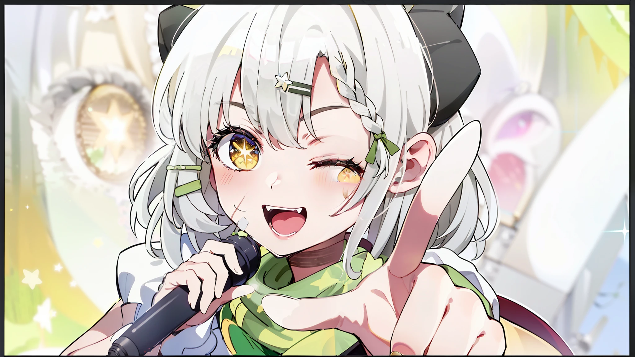 Masterpiece,Short hair,Shining eyes,(White idol costume),(A matcha-colored scarf:1.5), Dance, Sing, brilliance, be on stage,Green hair accessories, Stage, striated hair, Radiant eyes, mitts, Sing with your mouth open,(((White hair))), ahoge,((((french braid)))),(((((Dark gray corners))))),(((((Yellow eyes))))),(Handheld black microphone),(Golden light ),face,eye_Focus,((Singing)),aiming at viewer,((Point one finger at the viewer)),Striped hair, (Star-shaped pupils:1.4),(One eye closed:1.4),((((Green hairpins)))),(Scars on the face )