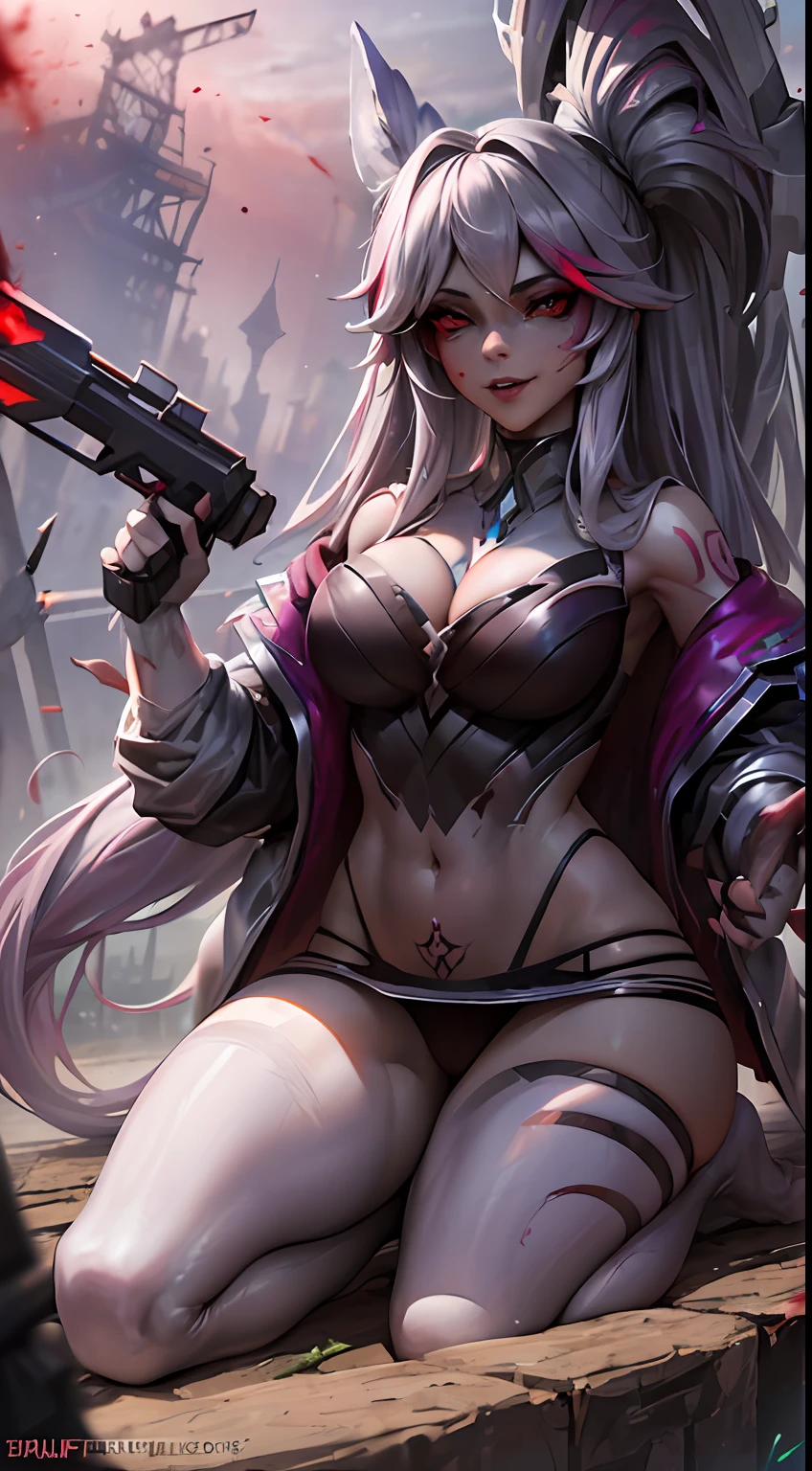 (Ashenhardt style:1.4), Masterpiece, Best quality, High quality,(Red eyes with dark red glow), (in profile), Abstraction, Deep Sea, Award-winning photography, Depth of field, HDR, Very detailed, Trending in art station, Trending in CGsociety, Complex, High detail,(Masterpiece: 1.2, highest quality), (Best lighting, very delicate and beautiful), (Best lighting, Very delicate and beautiful), (beautiful detailed face), (detailed eyes and detailed face:1.2), dark fantasy, (young girl, 1girl, solo, crazy smile, pale skin,G cup,cleavage,19 piercings,((tattoo all over body,tribal tattoo all over foot)) gray hair, red glowing eyes, dynamic angle, vampire), ((back art paint on the ground, pointy_ears, fangs, blood on face, blood rain, blood mist, (depth of field),high contrast,(blood splash:1.4),cowboy shot,full body, colorful poses,((Uniform,Blazer,Ruffled miniskirt,Light colored panties:1)),Cowboy shot,Denim jacket, really short clothes, visible , NSFW