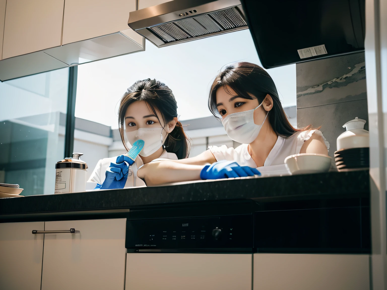 2 women wearing gloves，Hold the cleaner in hand，Focus on cleaning the range hood，face emphasis。