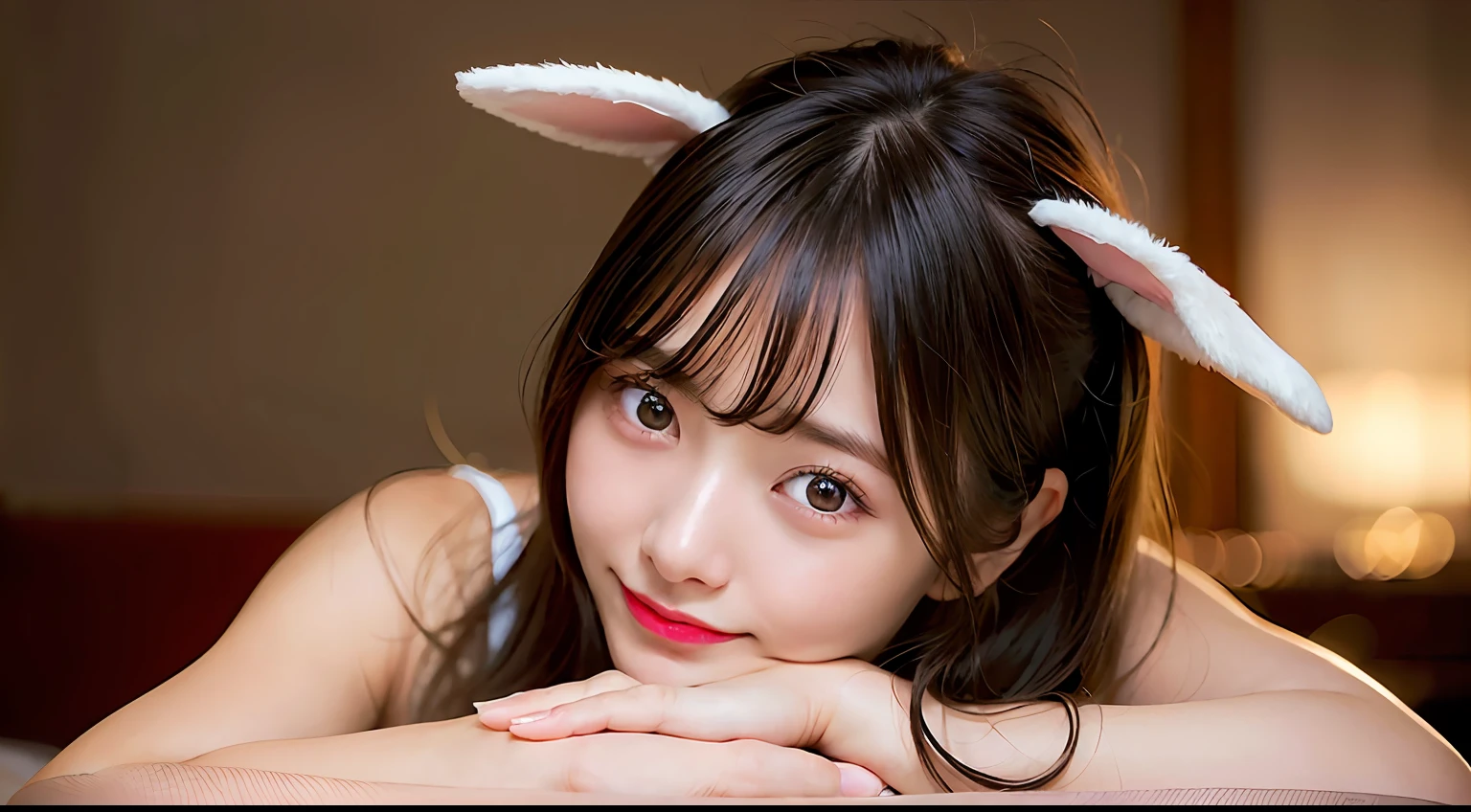 (Raw photography:1.2)、top-quality、a beautiful detailed girl、(bunnygirl:1.2)、A smile、extremely detailed eye and face、beatiful detailed eyes、huge filesize、hight resolution、hight resolution、8k wallpaper、finely detail、Highly detailed ticker uniform 8K wallpaper、Light on the Face、电影灯光、16-year-old girl、sexy  pose、(photorealisim:1.4)、illustratio、surrealism、 frombelow、super detailing、​masterpiece、fishnets pantyhose、Lying in bed