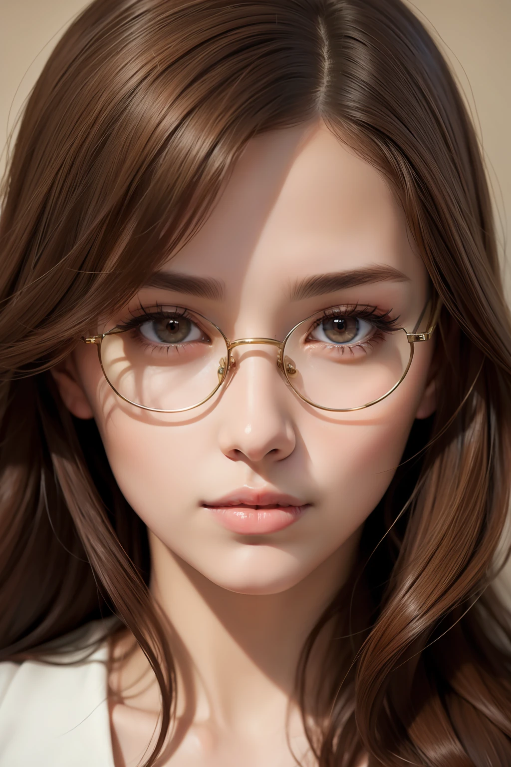 best quality, masterpiece, (realistic:1.2), 1 girl, brown hair, brown eyes,Front, detailed face, beautiful eyes, glasses, one piece