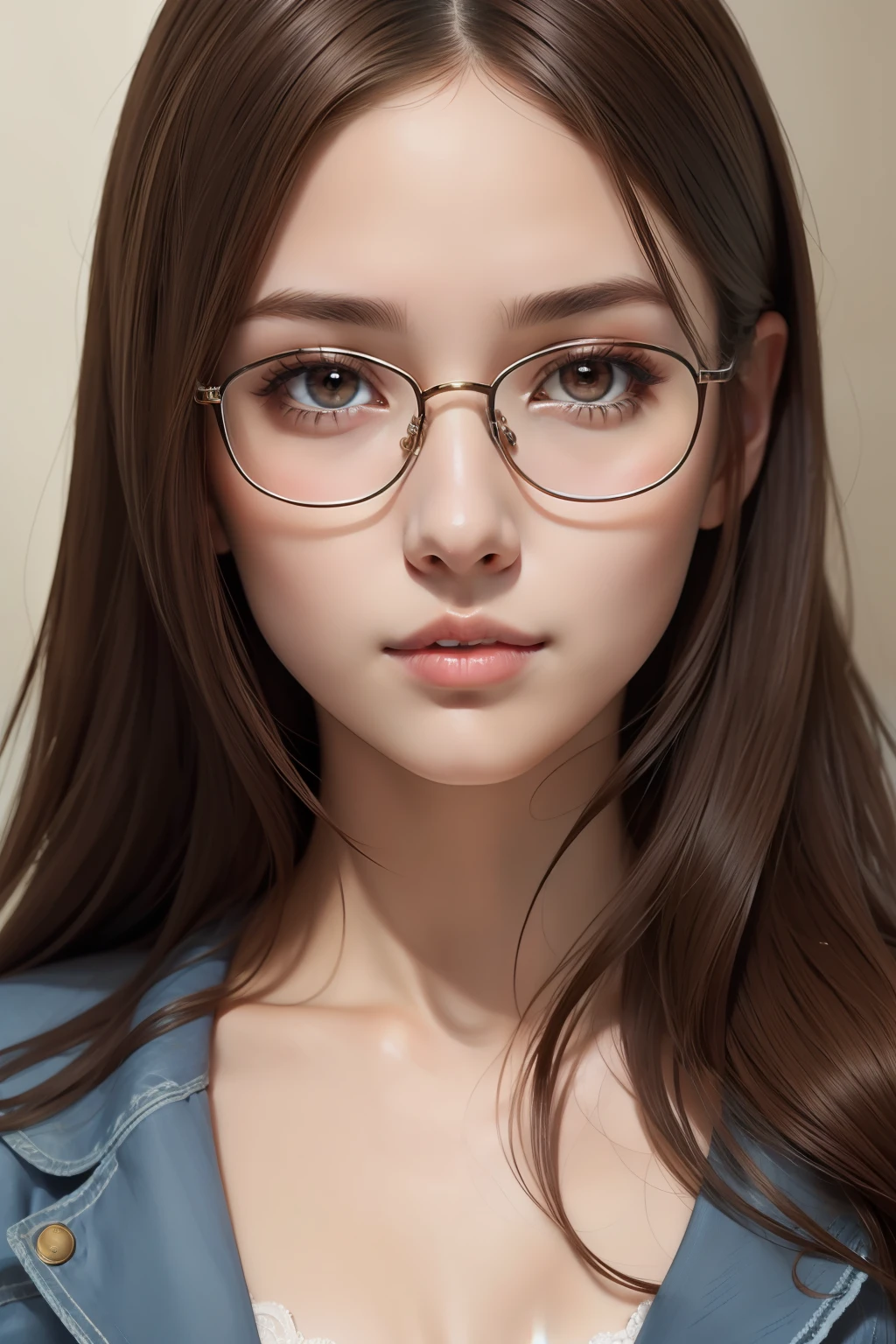 best quality, masterpiece, (realistic:1.2), 1 girl, brown hair, brown eyes,Front, detailed face, beautiful eyes, glasses, one piece