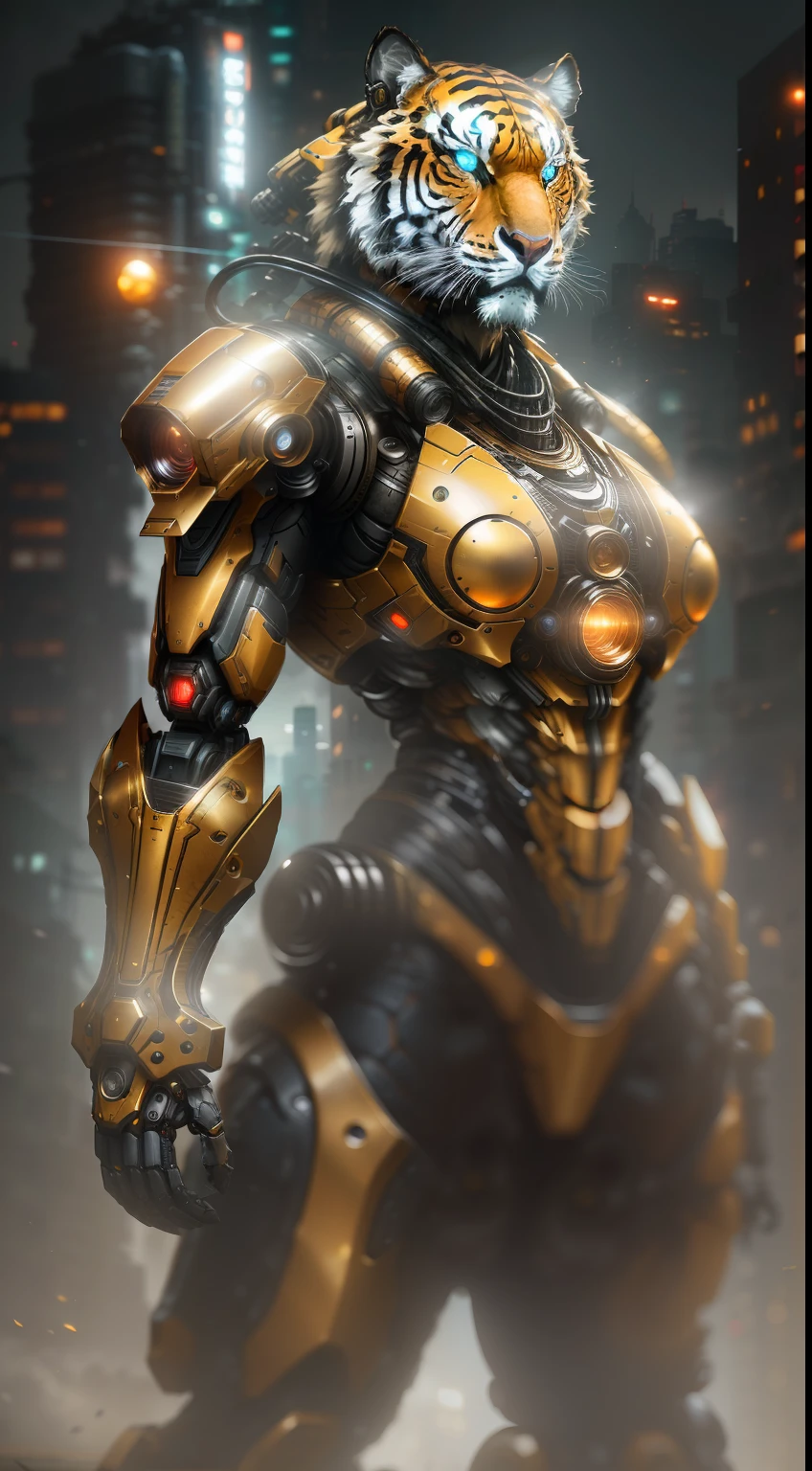 Armor tiger from tekken photography, biomechanics, complex robots, gold, full growth, hyper-realistic, crazy little details, very clean lines, cyberpunk aesthetic, masterpiece featured on Zbrush Central, cyberpunk city backdrop