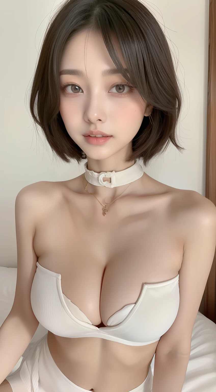 perfect figure beautiful woman:1.4,Layered Hair Style,Protruding cleavage,Wear only bandeau:1.5,Highly Detailed Face and Skin Textur,二重まぶた,Whiten the skin,Collar,get down on the bed