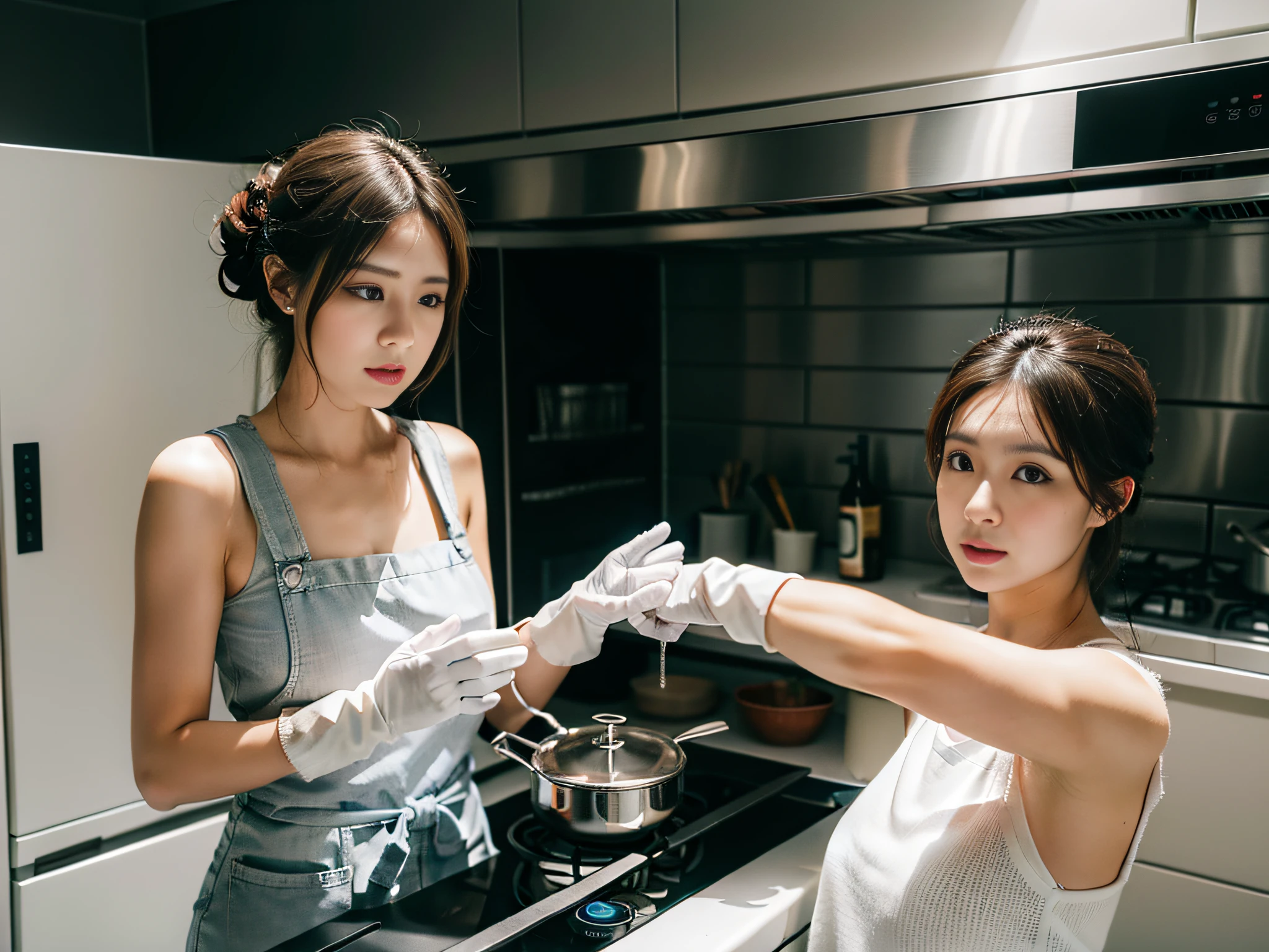 2 women wearing gloves,Hold the cleaner in hand,Focus on cleaning the range hood,face emphasis。