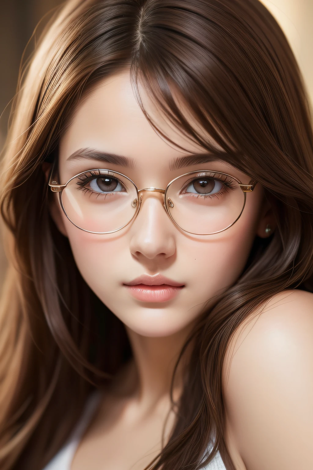 best quality, masterpiece,  (realistic:1.2), 1 girl, brown hair, brown eyes,Front, detailed face, beautiful eyes, glasses, one piece