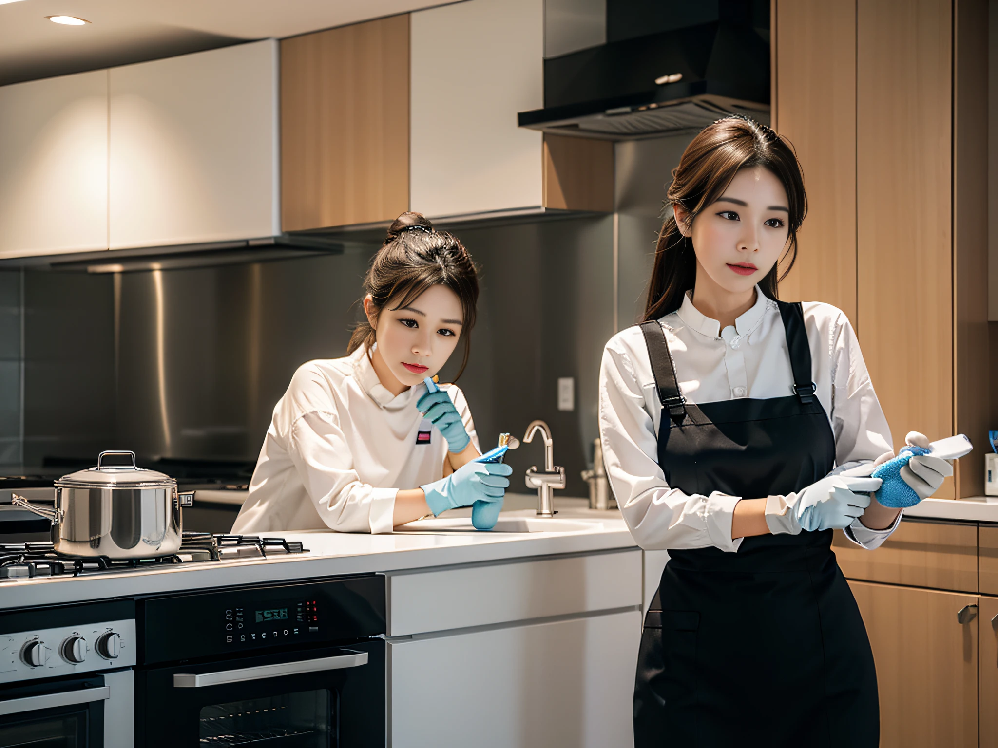 2 women wearing gloves,Hold the cleaner in hand,Focus on cleaning the range hood,face emphasis。
