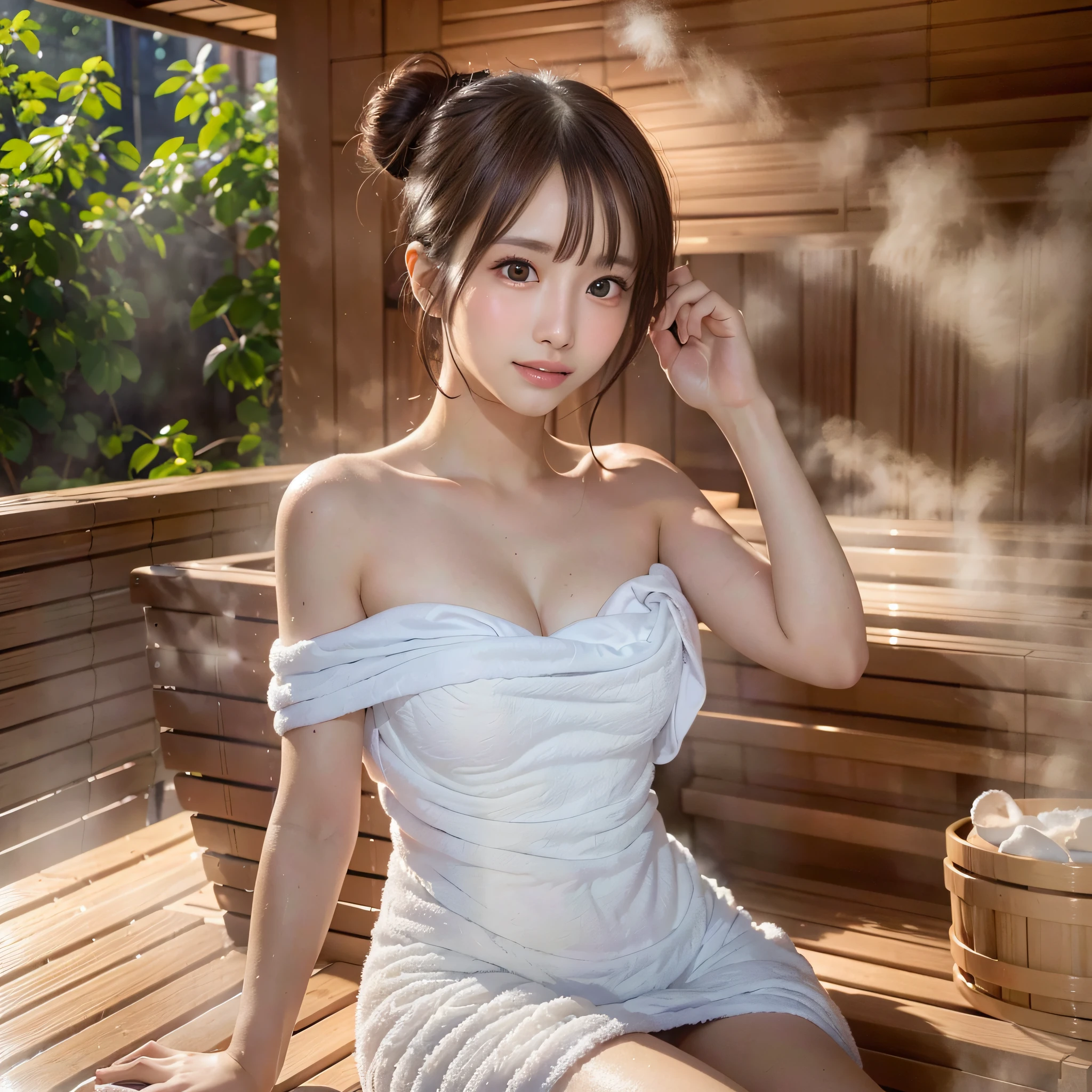 (1woman solo):1.5, (sauna:1.3), (fullbody:1.3), (Bun hair, dark brown hair), (top-quality, Photorealsitic:1.4, masterpiece:1.3, RAW Photography:1.2, cinematric light, very detailed illustration), (A very meticulously drawn face, ultra Beautiful fece, ultra delicate eyes, ultra detailed nouse, ultra detailed mouth, ultra detailed facial features, ultra detailed body, Detailed hips, detailed thigh), (small breast:1.3), from the front side, Show cleavage, (Long dress in very detailed towel fabric:1.3, Strapless, off shoulders), (Sweating a lot), (Sitting on a wooden bench), a smile, light and shadows