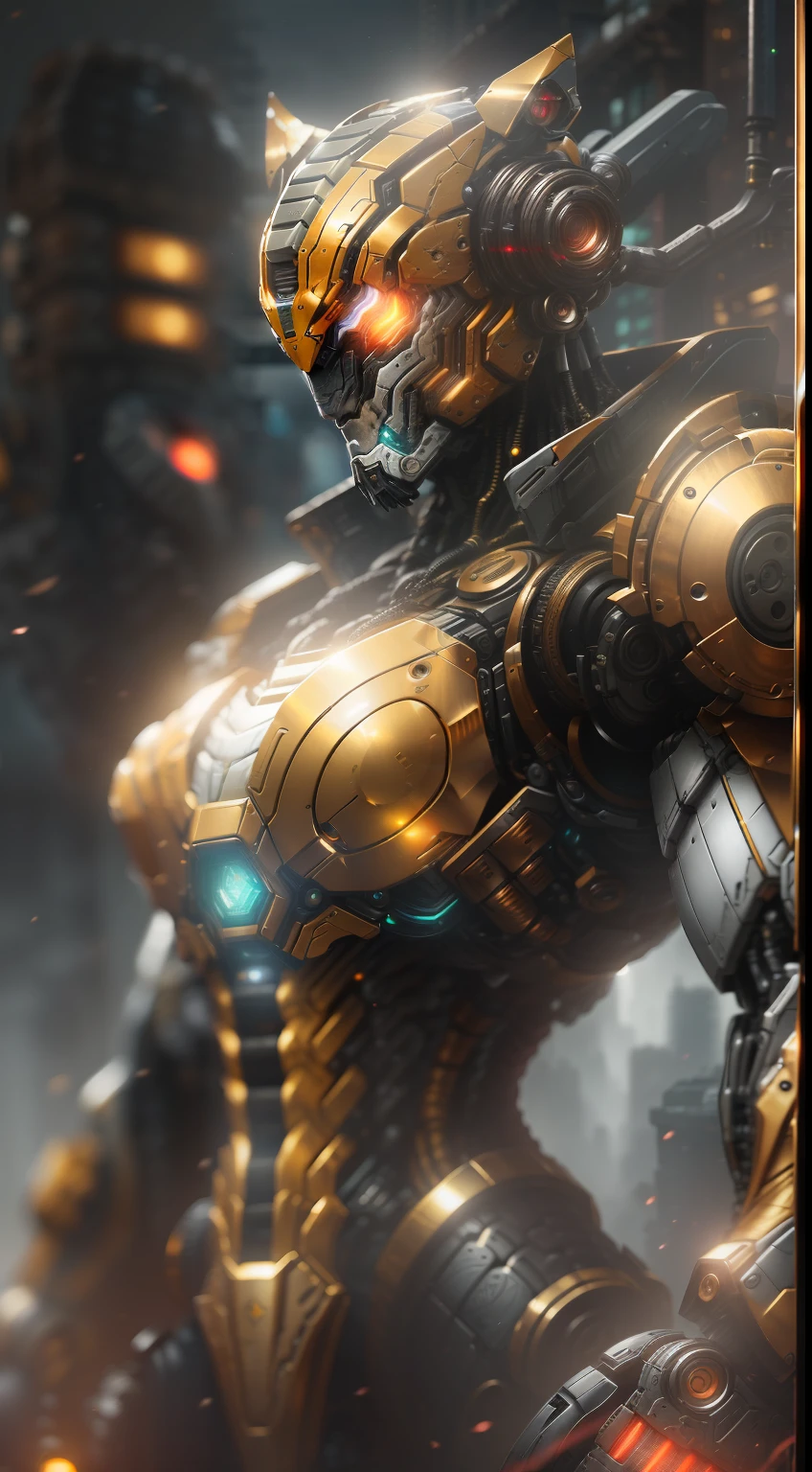 Armor tiger from tekken photography, biomechanics, complex robots, gold, full growth, hyper-realistic, crazy little details, very clean lines, cyberpunk aesthetic, masterpiece featured on Zbrush Central, cyberpunk city backdrop