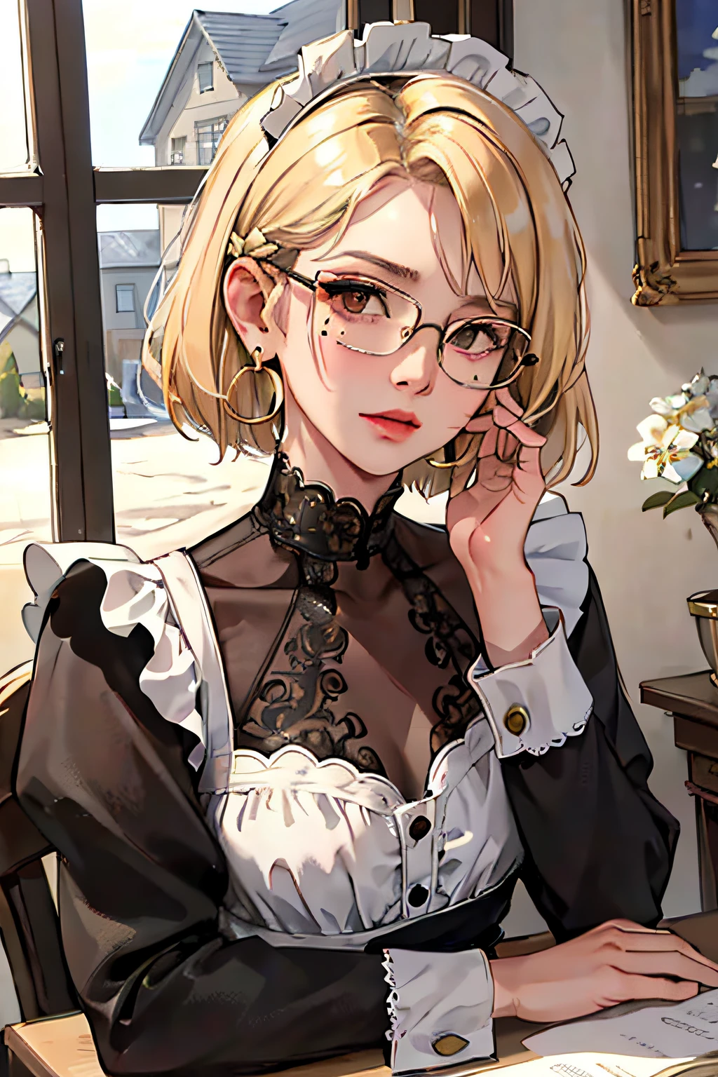 (masterpiece:1.2, best quality), (real photo, intricate details), solo, 1milf, house, close-up of face, maid outfit, (front focus), large round earrings , wears glasses, has a small mole under her eyelid right on her cheekbone, Look at me, bangs, short hair, blonde hair, layered hair