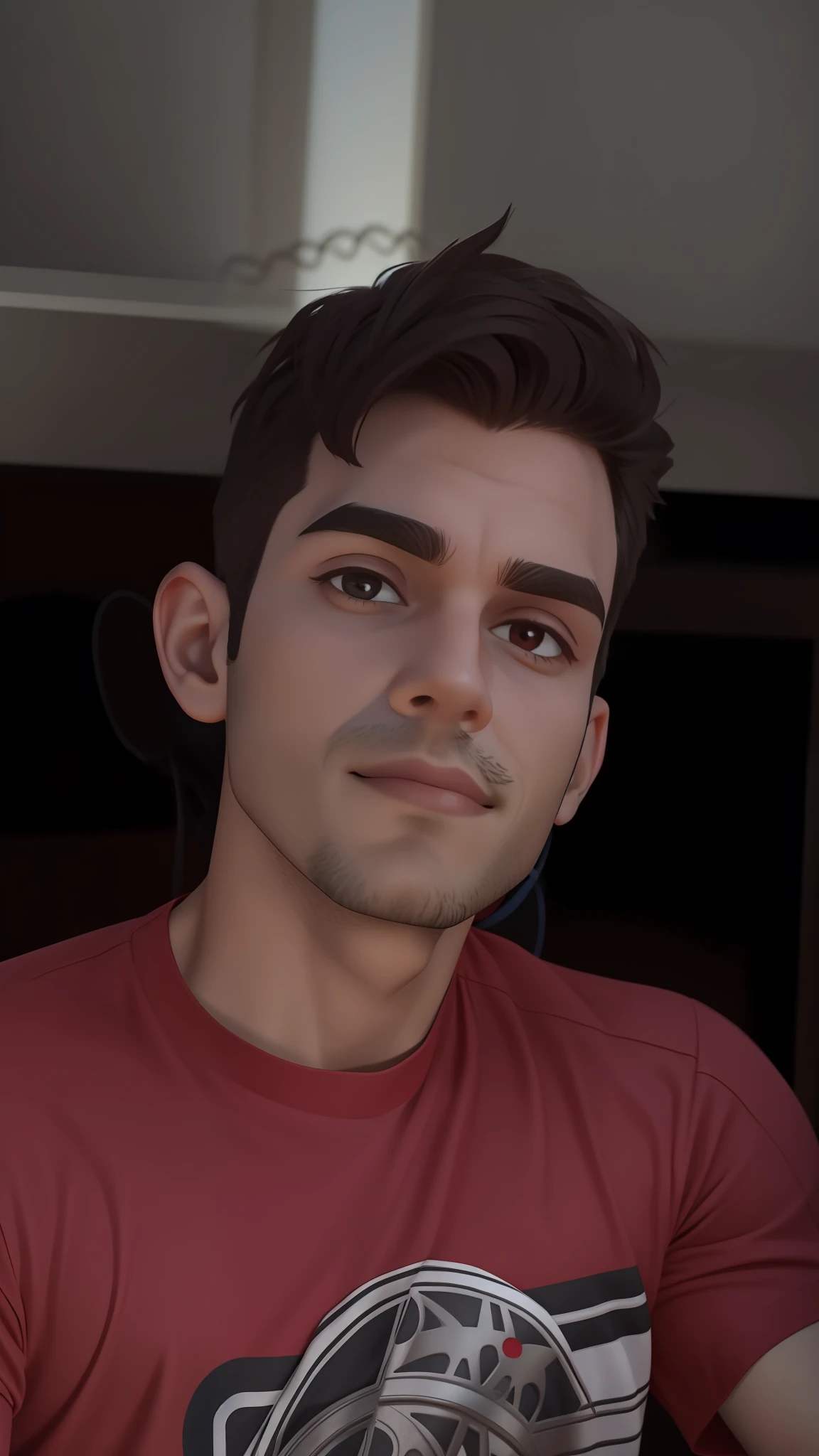 Homem masculino, homem vestindo uma camisa vermelha, red shirt with details of a circle and triangle, fundo bonito