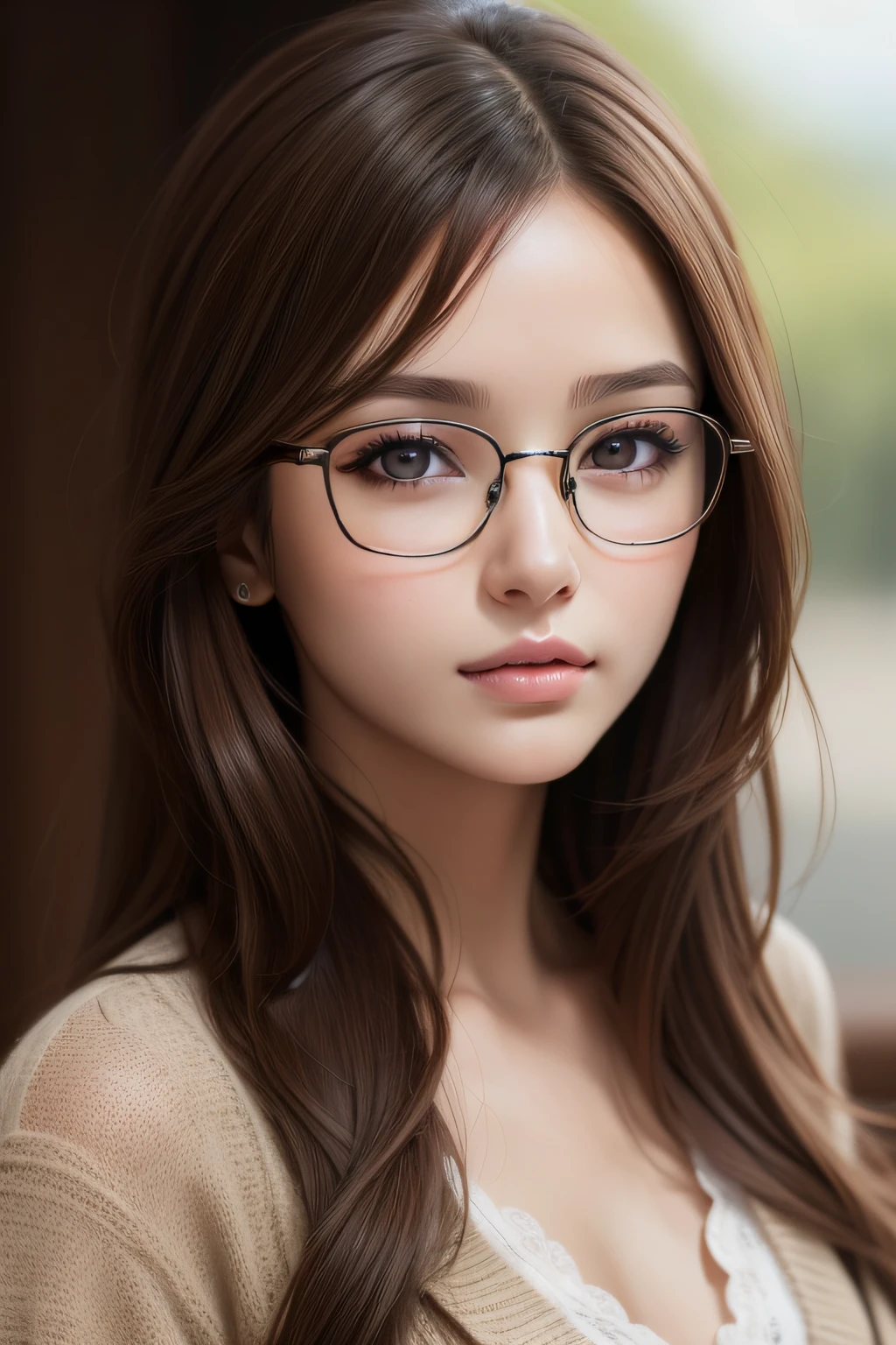 best quality, masterpiece,  (realistic:1.2), 1 girl, brown hair, brown eyes,Front, detailed face, beautiful eyes, glasses, one piece