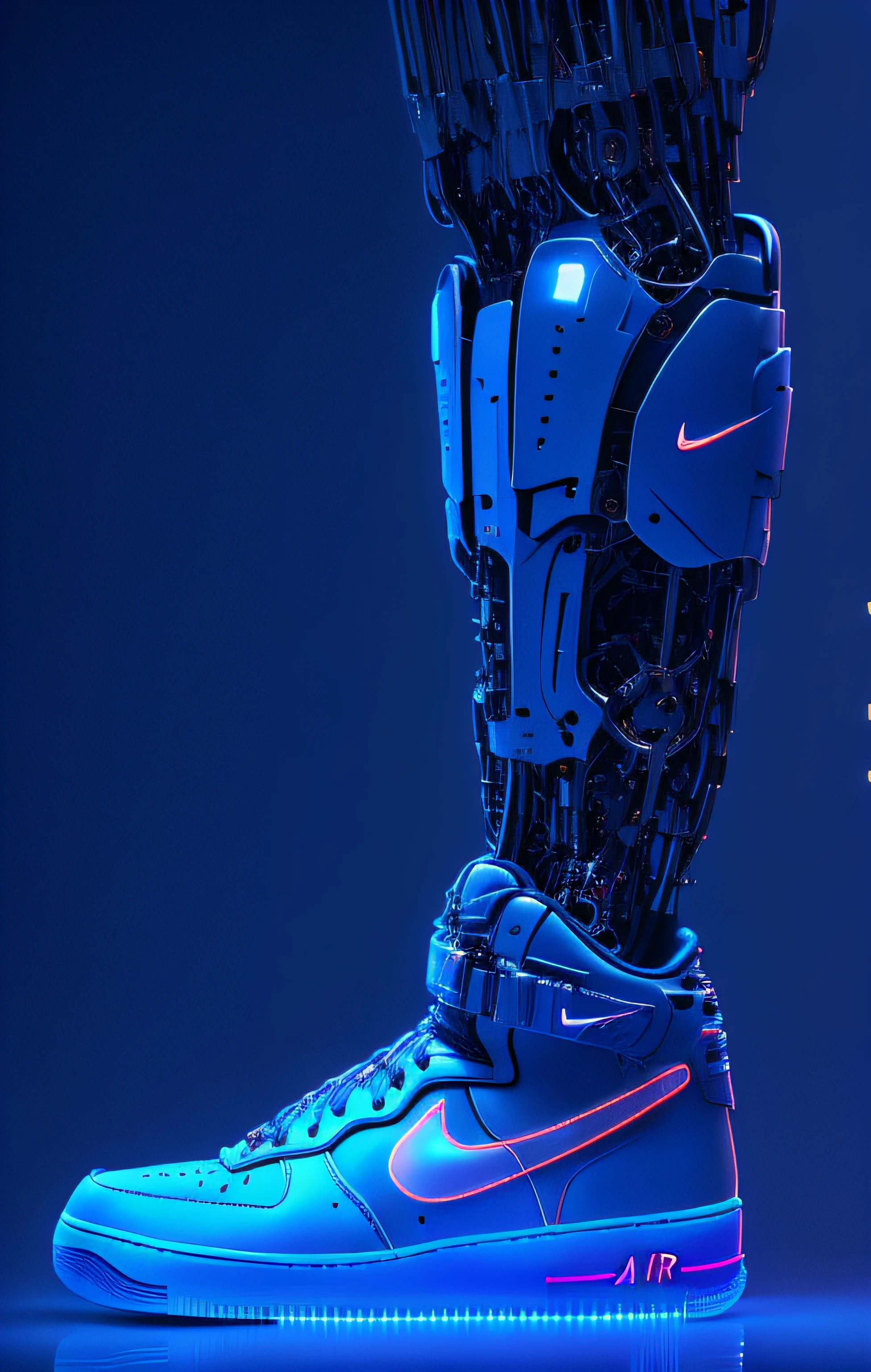 Nike Air Force High Pro, Cybernetic Extremities, cyborg azul, Robotic Limb, cybernetic legs, cyborg tech on body and legs, Neon cybernetic implants, mechanical limbs, prosthetic leg, extremidades artificiales, Zapatillas futuristas, Robotic limbs, Pie robot gigante, bipedal, Neon scales and cyborg technology, Robotic prosthetic limbs, exoesqueleto