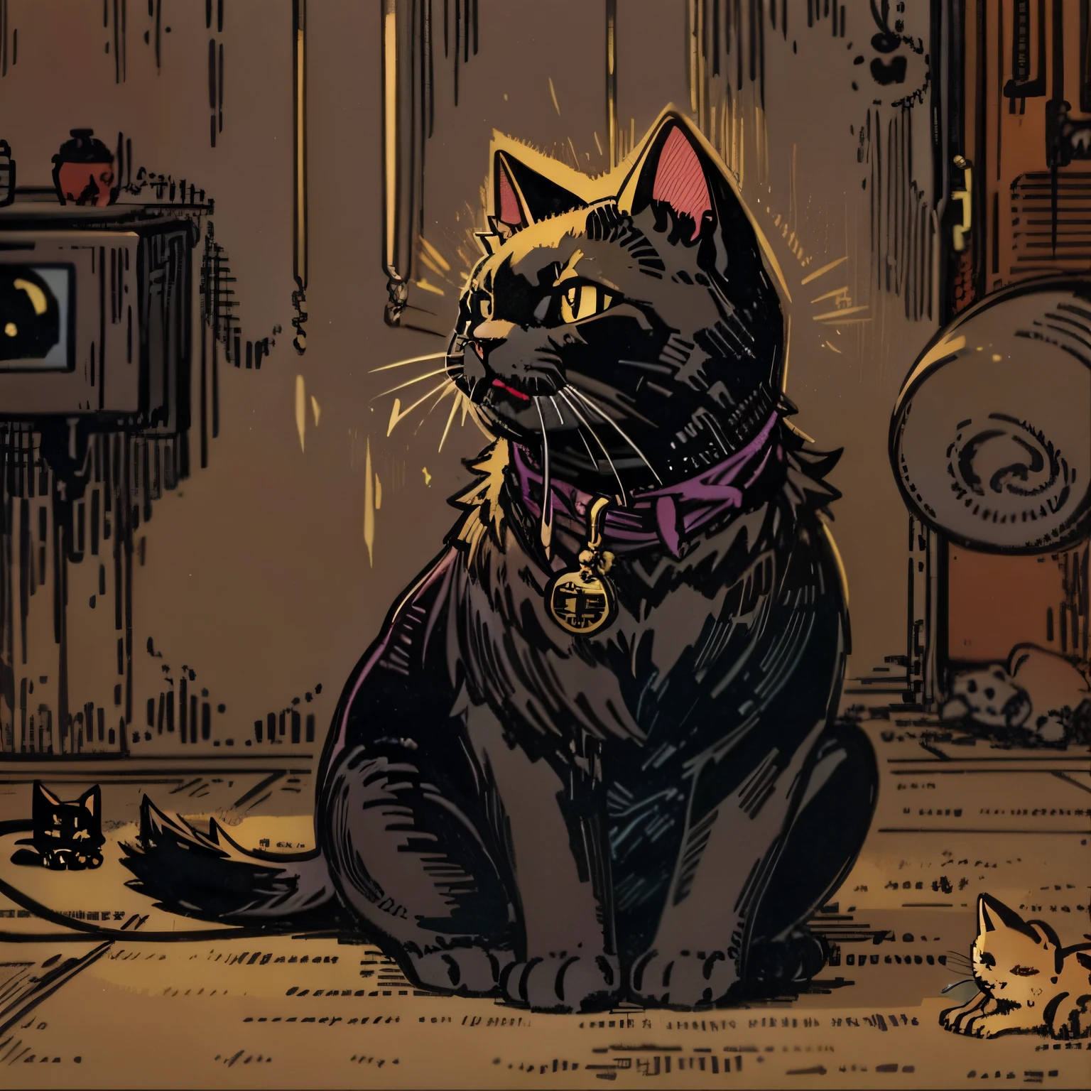 There's a black cat sitting on the floor looking up, Ele tem um colarinho vermelho em seu, gato com pelos, Gato gordo peludo, gato com olhos amarelos, gato preto