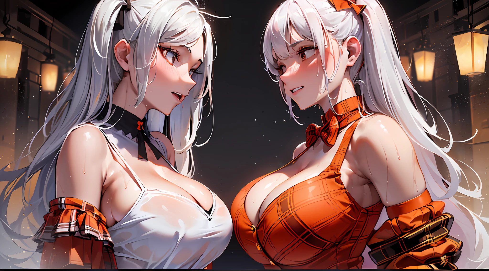 (Woman body set large breasts, ((Two girls look at each other with a gentle look)), Long white hair, ((plaid red skirt, tight wet orange shirt)) sparkly skin)