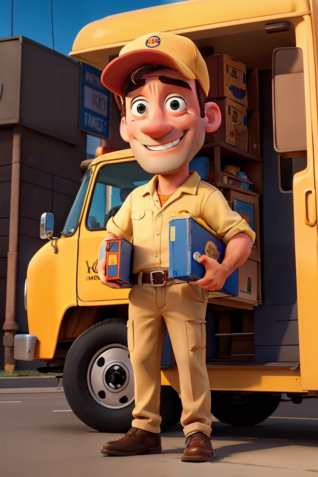 Jon Hamm cartoon dressed as a delivery man with a cap on his head and in front of a yellow van, holding a box with both hands and smiling.