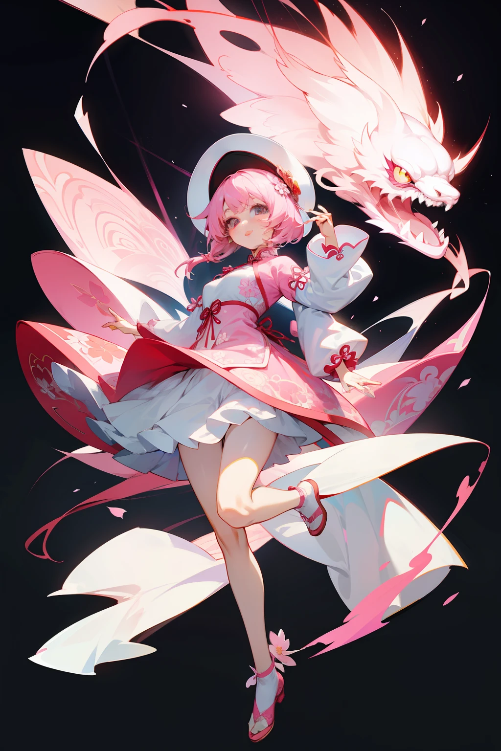 Anime girl with pink hair and white hat and intricate cheongsam design, full body concept,Digital art on Pixiv, on cheongsam.There are flowers under the skirt.[ Character costume design ]