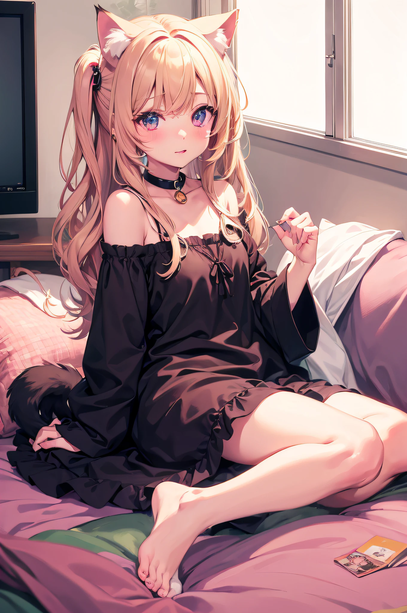 Anime girl sitting in bed with two cats and TV, cute anime catgirl, anime catgirl, beautiful anime catgirl, anime cat, Anime Style 4K, Cute Anime, Very Beautiful Anime Cat Girl, very beautiful cute catgirl, Anime girl with cat ears, Anime! 4K, Anime! 4 k, Cute anime girl, catgirl