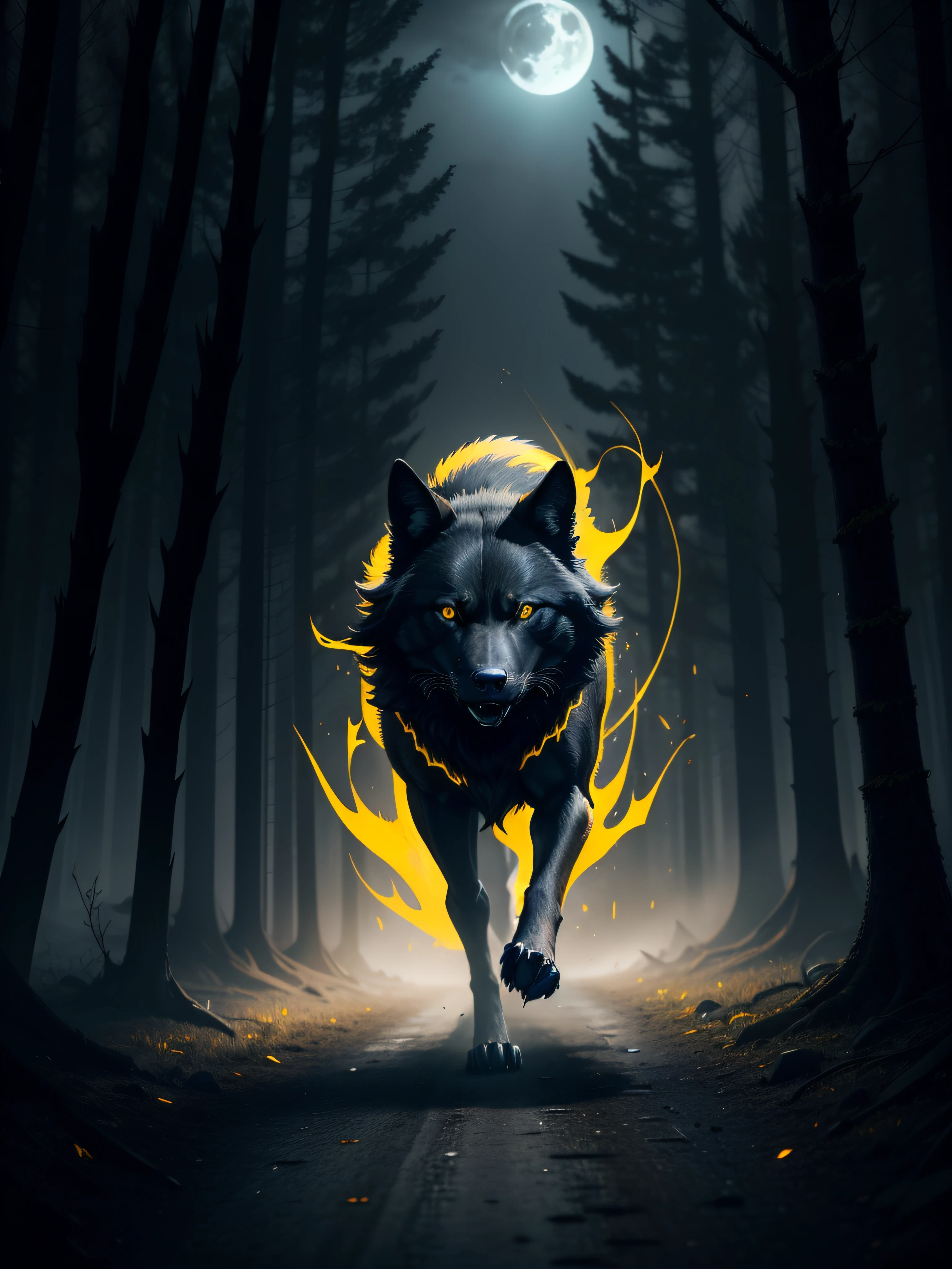 black wolf, glowing yellow eyes, dark forest, horror environment, soft blue light, pale moon, full body, running, rage, yellow light in the eyes
