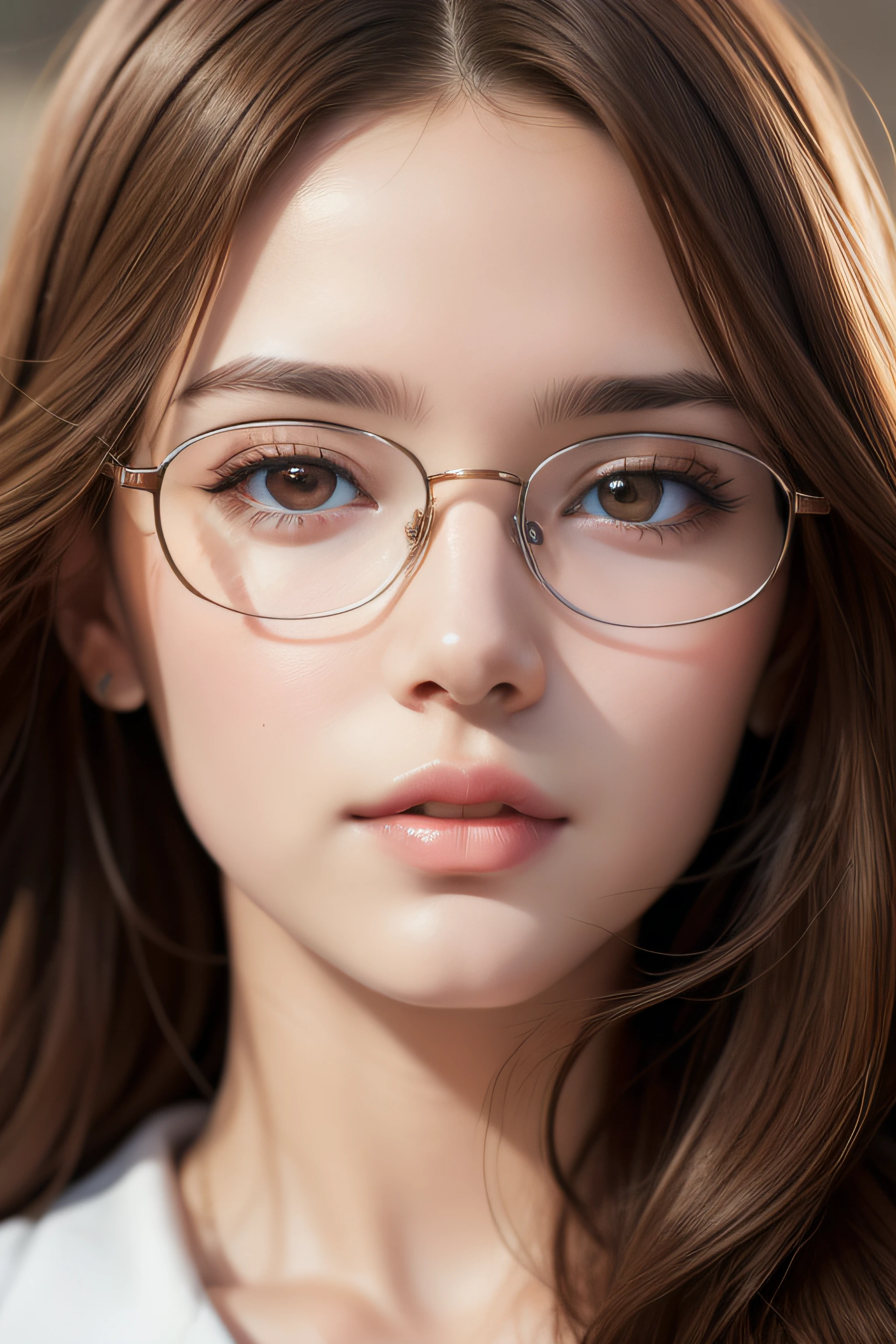 best quality, masterpiece, (realistic:1.2), 1 girl, brown hair, brown eyes,Front, detailed face, beautiful eyes, glasses, one piece