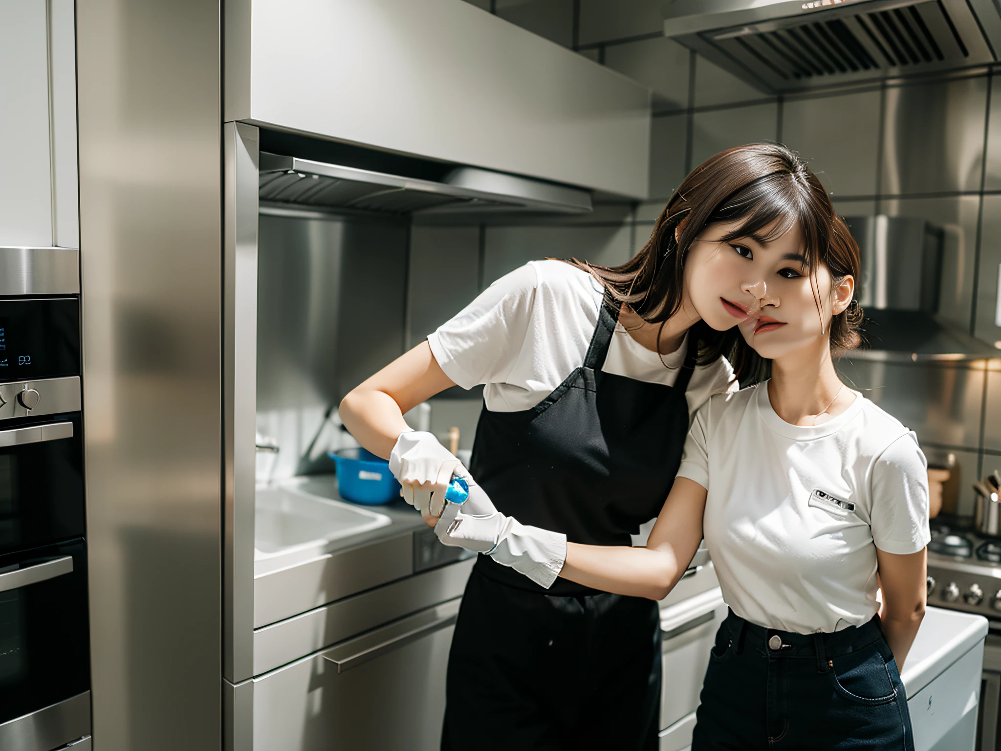 2 women wearing gloves，Hold the cleaner in hand，Focus on cleaning the range hood，face emphasis。