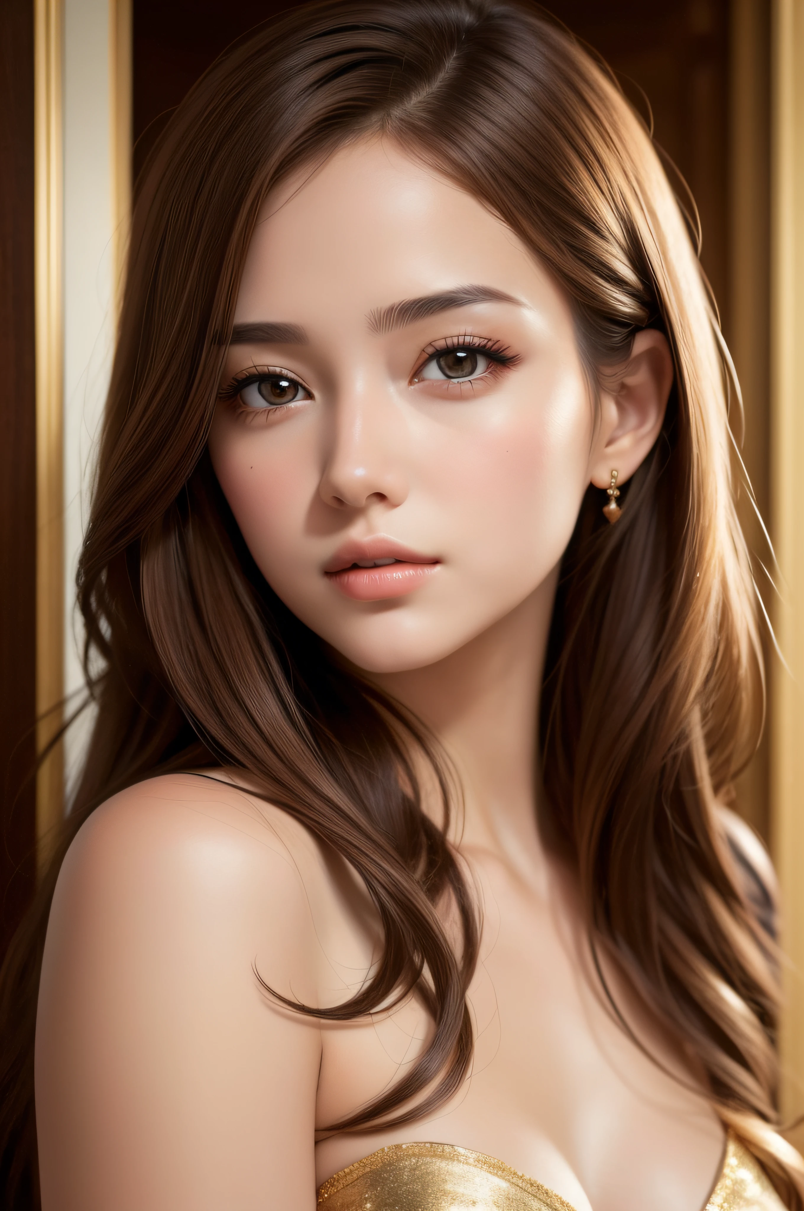best quality, masterpiece, (realistic:1.2), 1 girl, brown hair, brown eyes, Front, detailed face, beautiful eyes, wear golden amor,