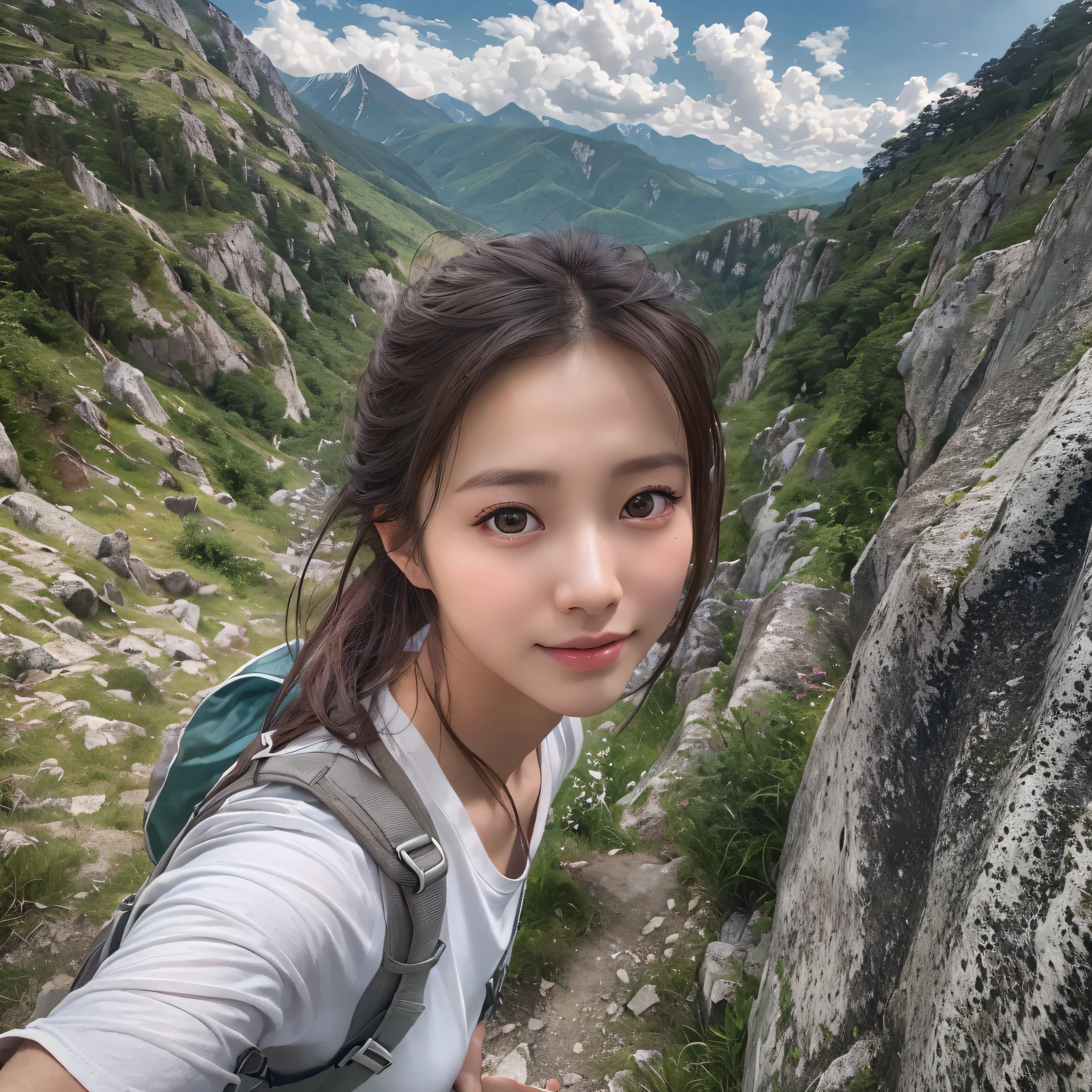 Naturescape photography; mountain climbing; (1woman:1.3, solo), (cowboy shot:1.3), (slender body), (white t-shirts, Trekking shorts, trekking boots), Walking along a mountain road, Rough road, boulders, 
(High-ponytail), (dark brown hair), 
(asian girl, 18-year-old, ultra delicate face, ultra Beautiful fece, ultra delicate eyes, ultra detailed nose, ultra detailed mouth, ultra detailed facial features), (face is shiny:0.8),
(smiling:0.8), selfee, (Spectacular summer mountain views, with rugged mountain ranges in the distance, and the wonderful contrast of blue skies and white clouds), (Highest Quality, hyper-realistic:1.3, Super dense, very detailed illustration, Best image quality, very detailed illustration),