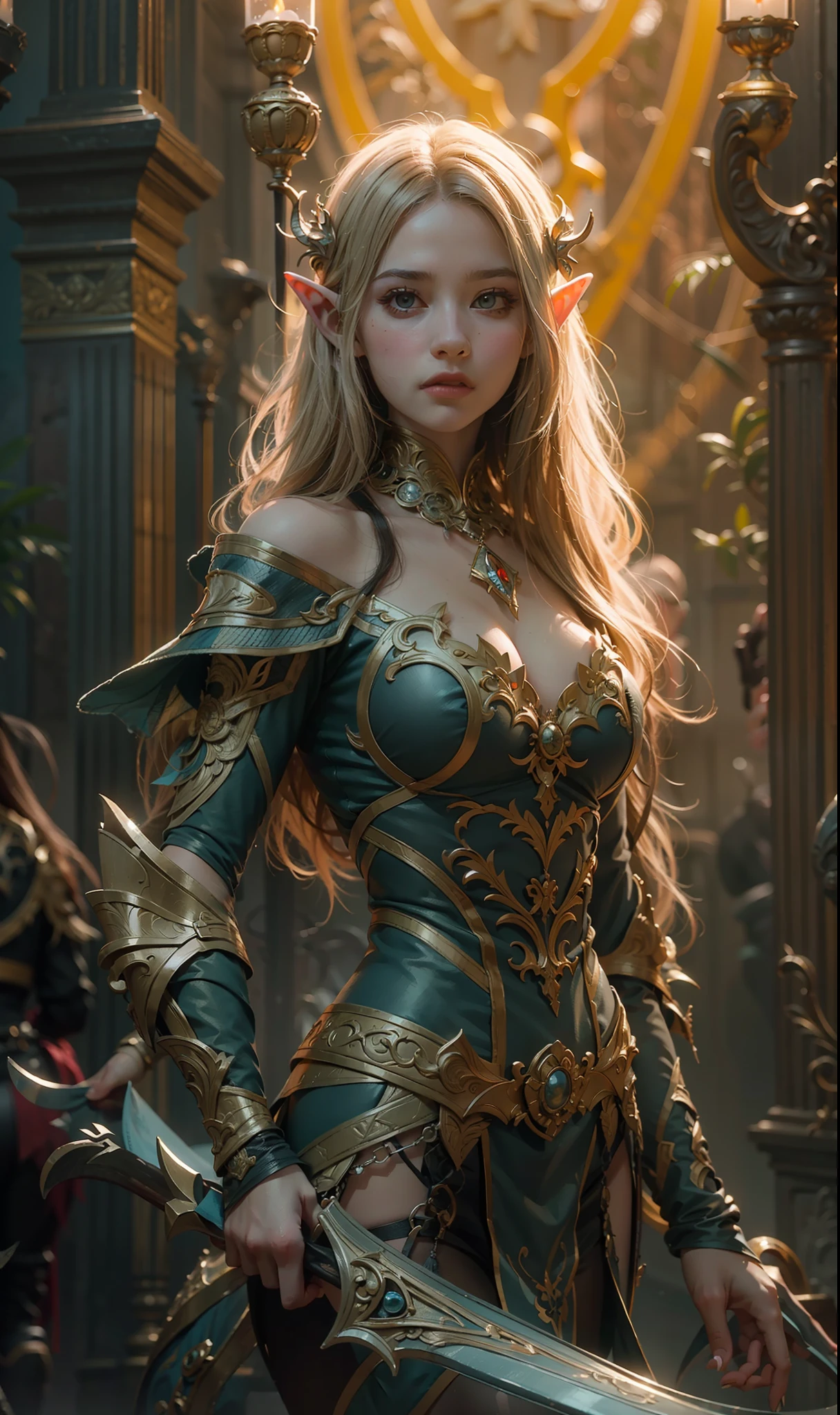 Beautiful painting of perfect female elf warrior, shapeless long hair, perfect features, (wearing baroque elven armor), abstract beauty, near perfection, pure form, dynamic pose, ethereal background, (deep dark shadows), (strong cinematic lighting), (back lighting), concept art by Greg Rutkowski and John William Waterhouse and Alphonse Mucha, intricate detail, 8k post-production, High resolution, super Detail, trending on ArtStation, sharp focus, depth of field f/1.8, studio photos, (((looking at camera))).