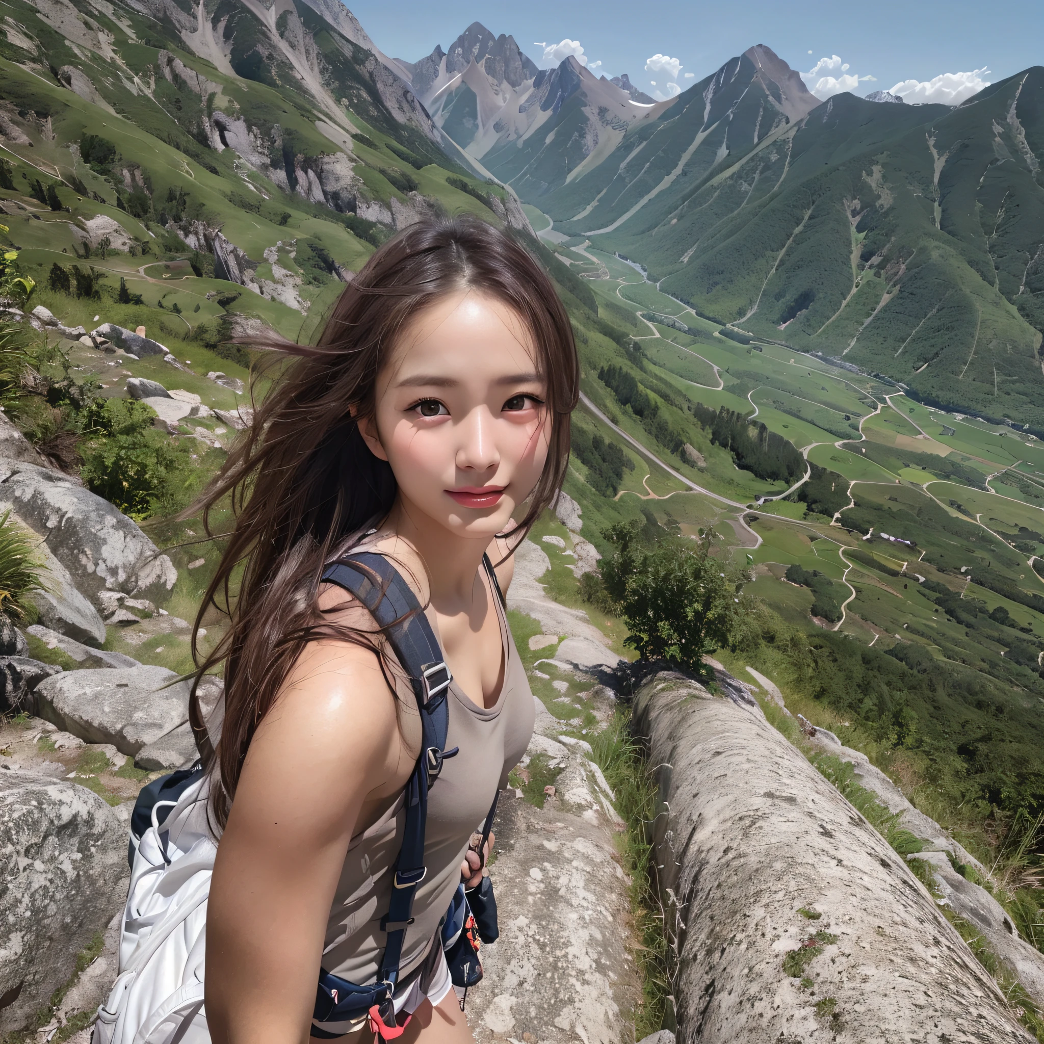 Naturescape photography; mountain climbing; (1woman:1.3, solo), (cowboy shot:1.3), (slender body), (white t-shirts, Trekking shorts, trekking boots), Walking along a mountain road, Rough road, boulders, 
(High-ponytail), (dark brown hair), 
(asian girl, 18-year-old, ultra delicate face, ultra Beautiful fece, ultra delicate eyes, ultra detailed nose, ultra detailed mouth, ultra detailed facial features), (face is shiny:0.8),
(smiling:0.8), selfee, (Spectacular summer mountain views, with rugged mountain ranges in the distance, and the wonderful contrast of blue skies and white clouds), (Highest Quality, hyper-realistic:1.3, Super dense, very detailed illustration, Best image quality, very detailed illustration),