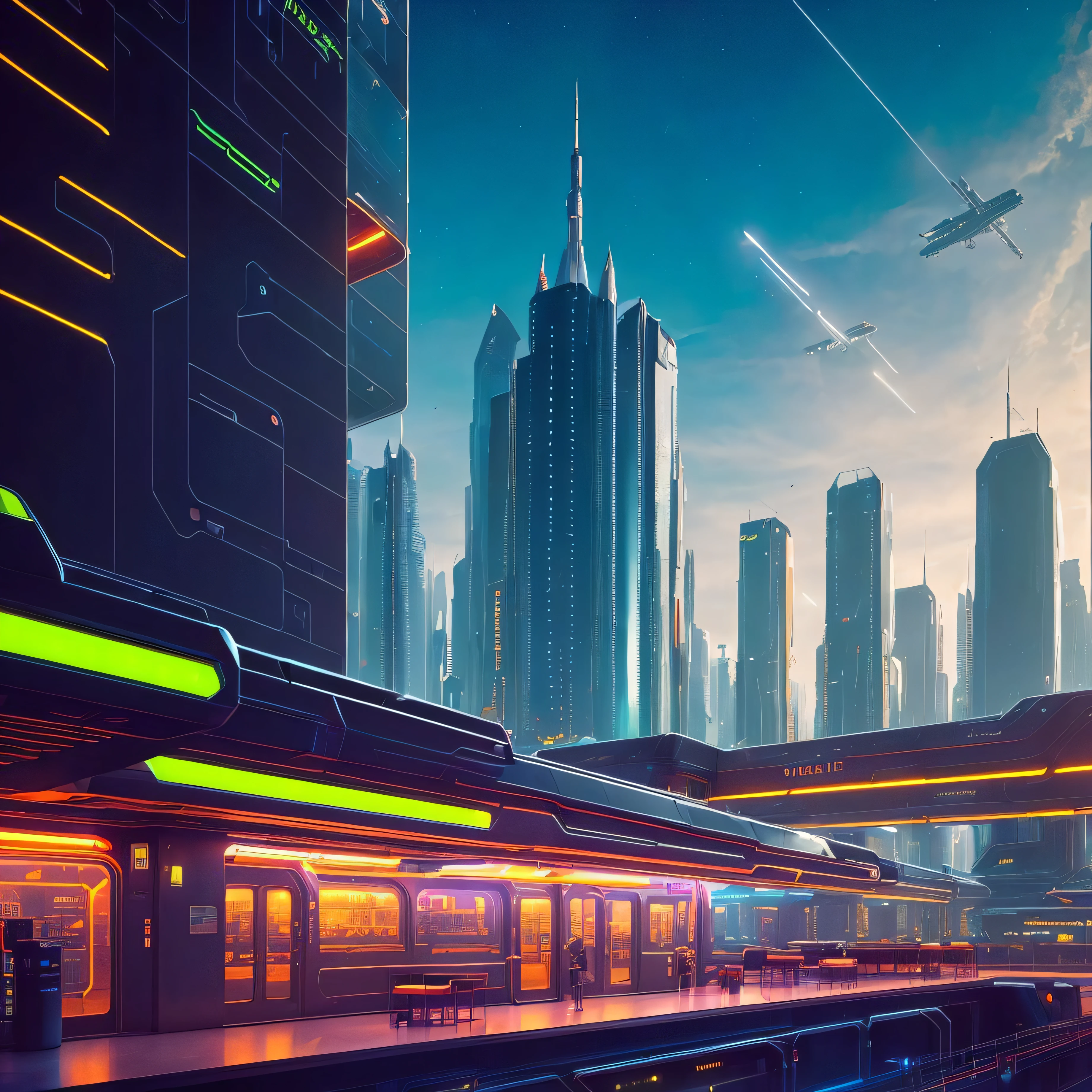 Urban landscape photograph of ( A futuristic space station, with gleaming metal halls and neon-lit cafes) ultra-realistic, by thomas cole, cinematic, atmospheric, composition, cityscape, sense of wonder, 8k