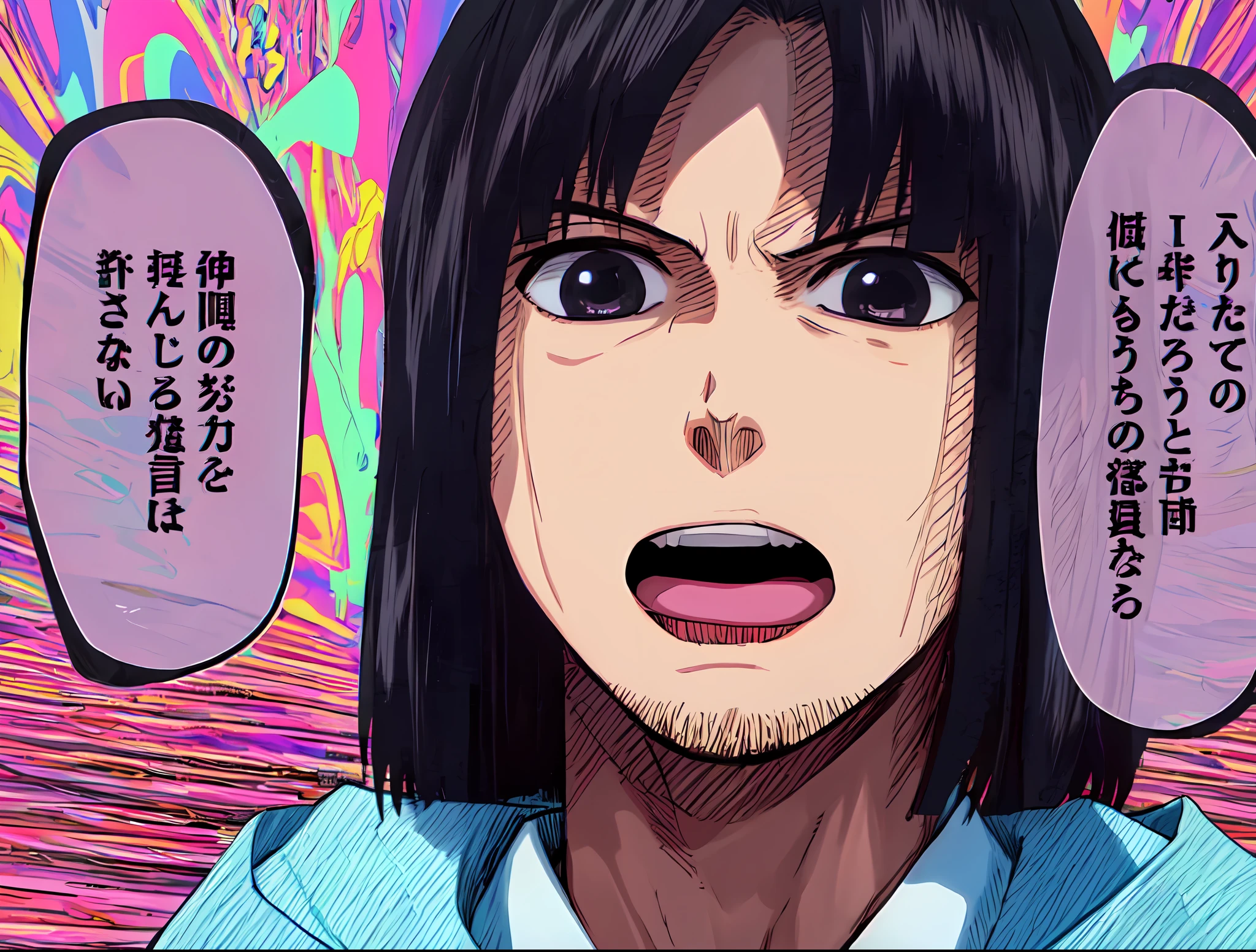 a anime of a man manga, black hair color, open mouth, coat, close up, text manga, color manga, manga color, color manga, color manga panel, aura background