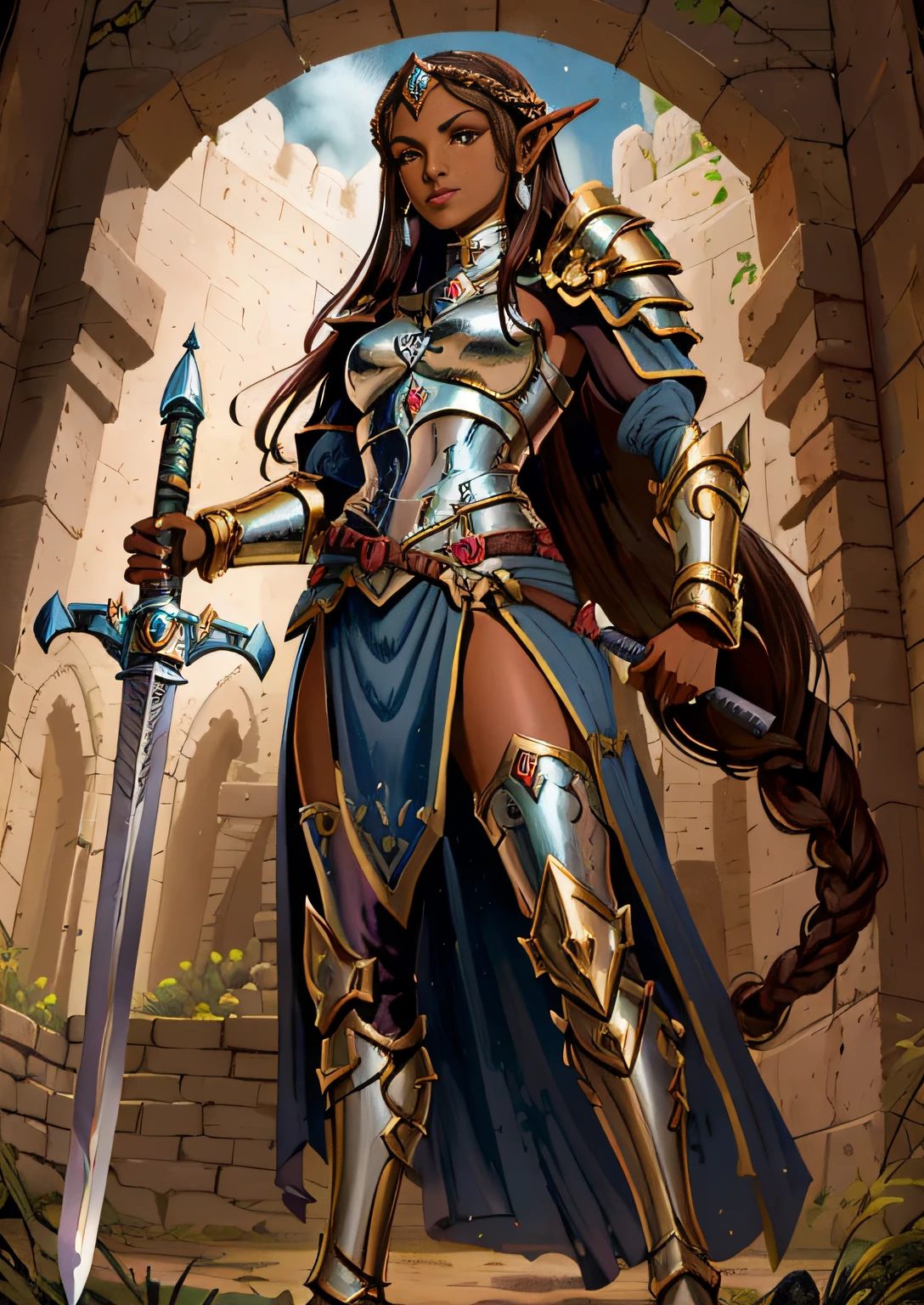 Dark brown skinned goblin in armor holding a sword in a courtyard, Retrato do Paladino Feminino, fantasia paladin mulher, gorgeous female paladin, female paladin, picture of female paladin, retrato cavaleiro feminino, cavaleiro feminino, cavaleiro elfa feminino bonito, de uma bela cavaleiro feminina, mulher com orelhas de elfo, estilo de desenho de dnd, very large sword stuck in the ground. Armadura vermelha todo o corpo.