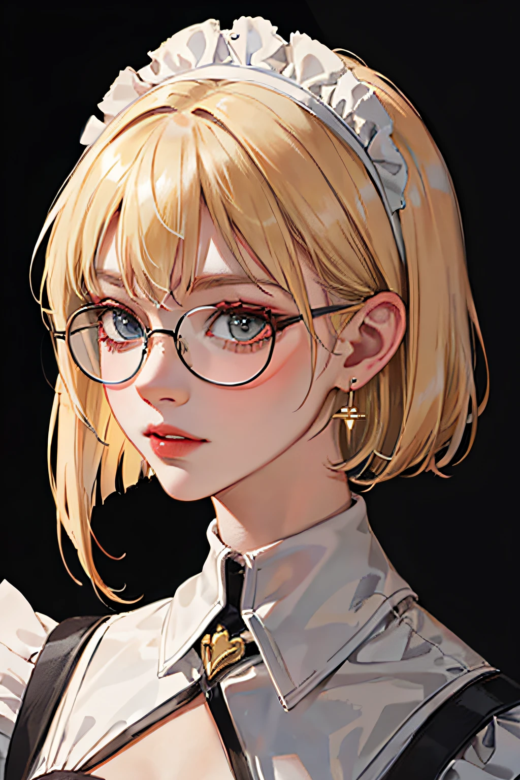 (masterpiece:1.2, best quality), (real photo, intricate details), solo, 1milf, house, close-up of face, maid outfit, (front focus), large round earrings , wearing glasses, Look at me, bangs, short hair, blonde hair, layered hair