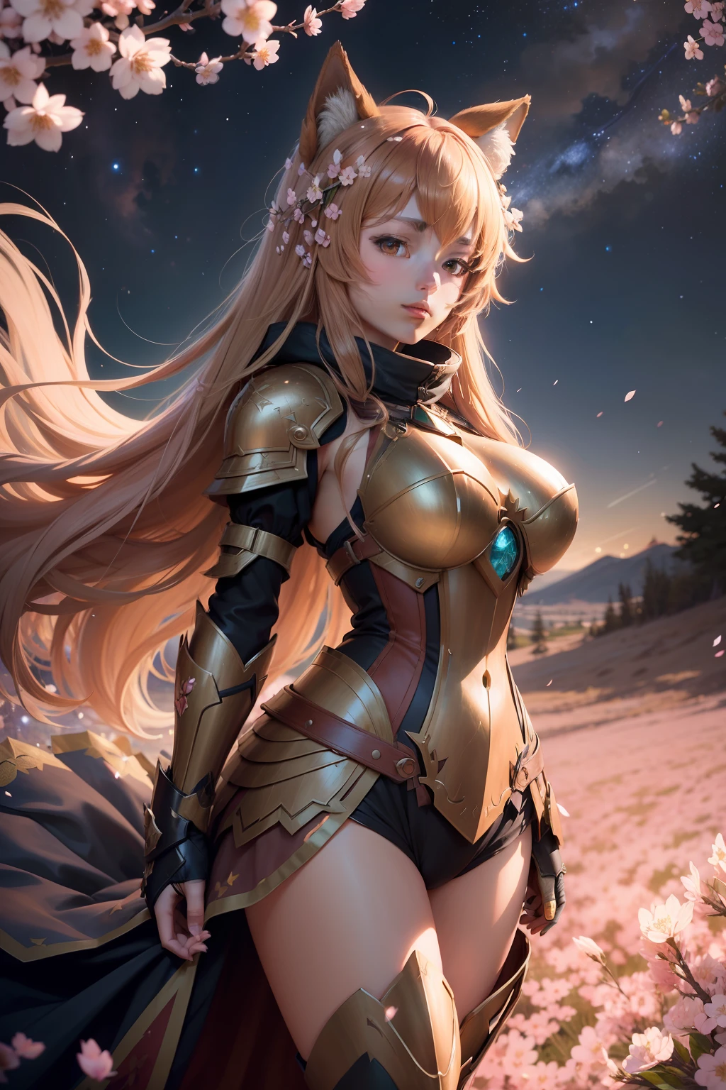 (an artistic photograph of a Raphtalia in her standard armor),full body shot, centered, (detailed:1.2), (starry night cherry blossom background:1.1), hyper-detailed, (soft lighting:1.2), high resolution, filmic grain, extra large breasts,