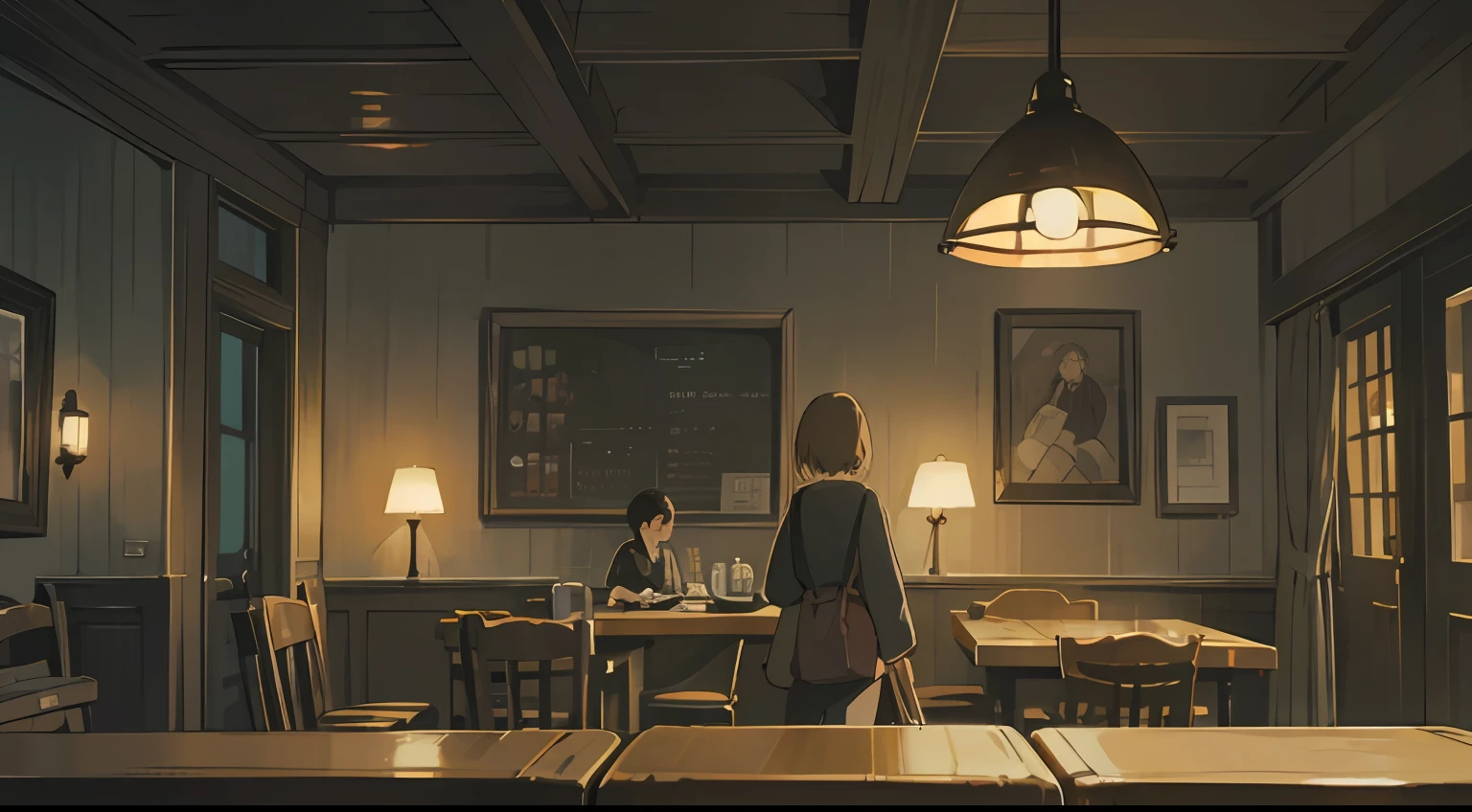 there is a bar with a lot of tables and chairs, cozy cafe background, coffee shop, cafe, cafe interior, pleasant cozy atmosphere, cozy atmosphere, illustrated starbucks interior, detailed an empty jazz cafe, dimly-lit cozy tavern, dimly lit cozy tavern, a multidimensional cozy tavern, cafe lighting, anime background art, cosy atmosphere