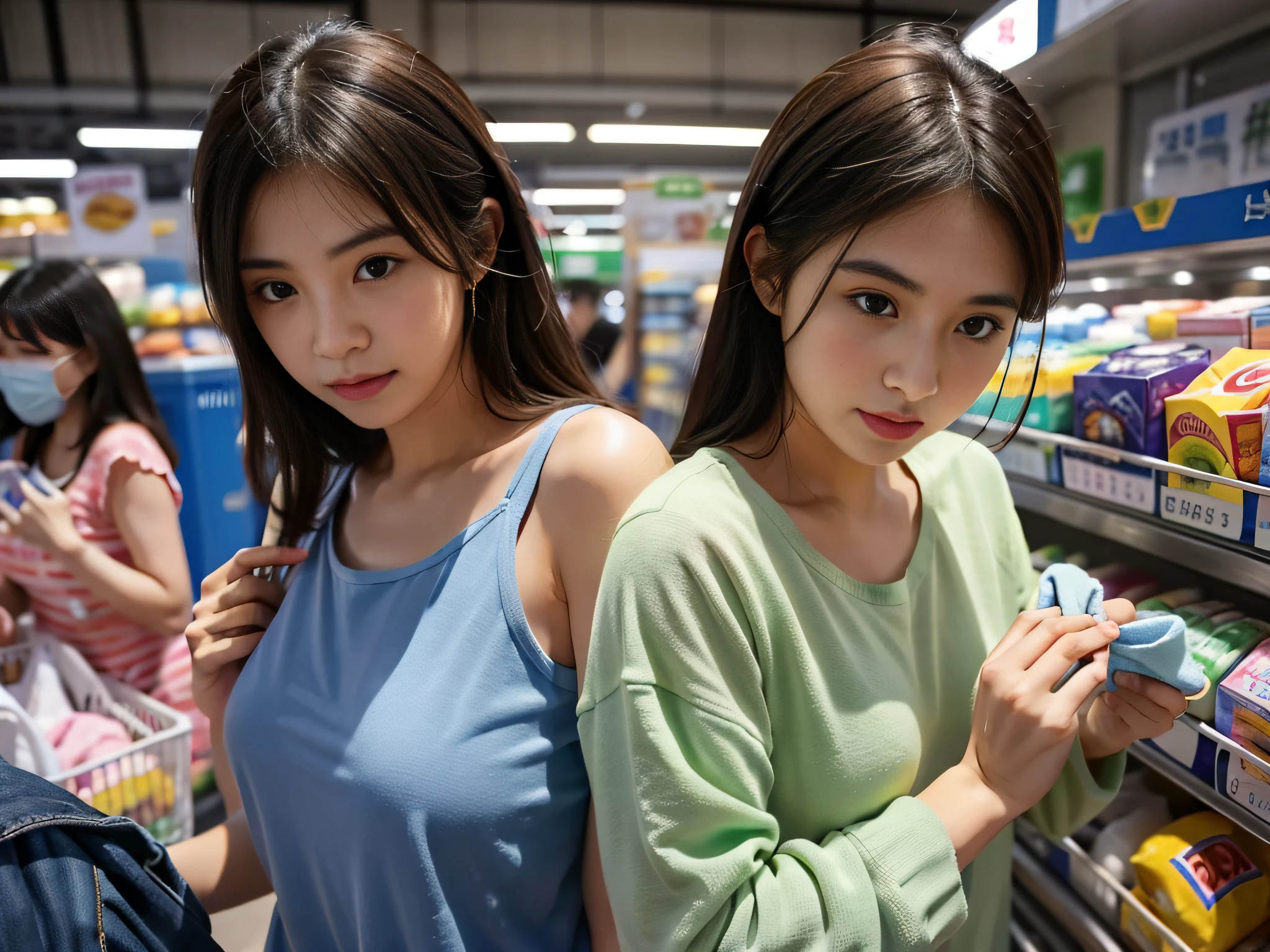 Two women in casual clothes，Pick up laundry detergent in the supermarket。Rich in detail，Close-up of face focus。