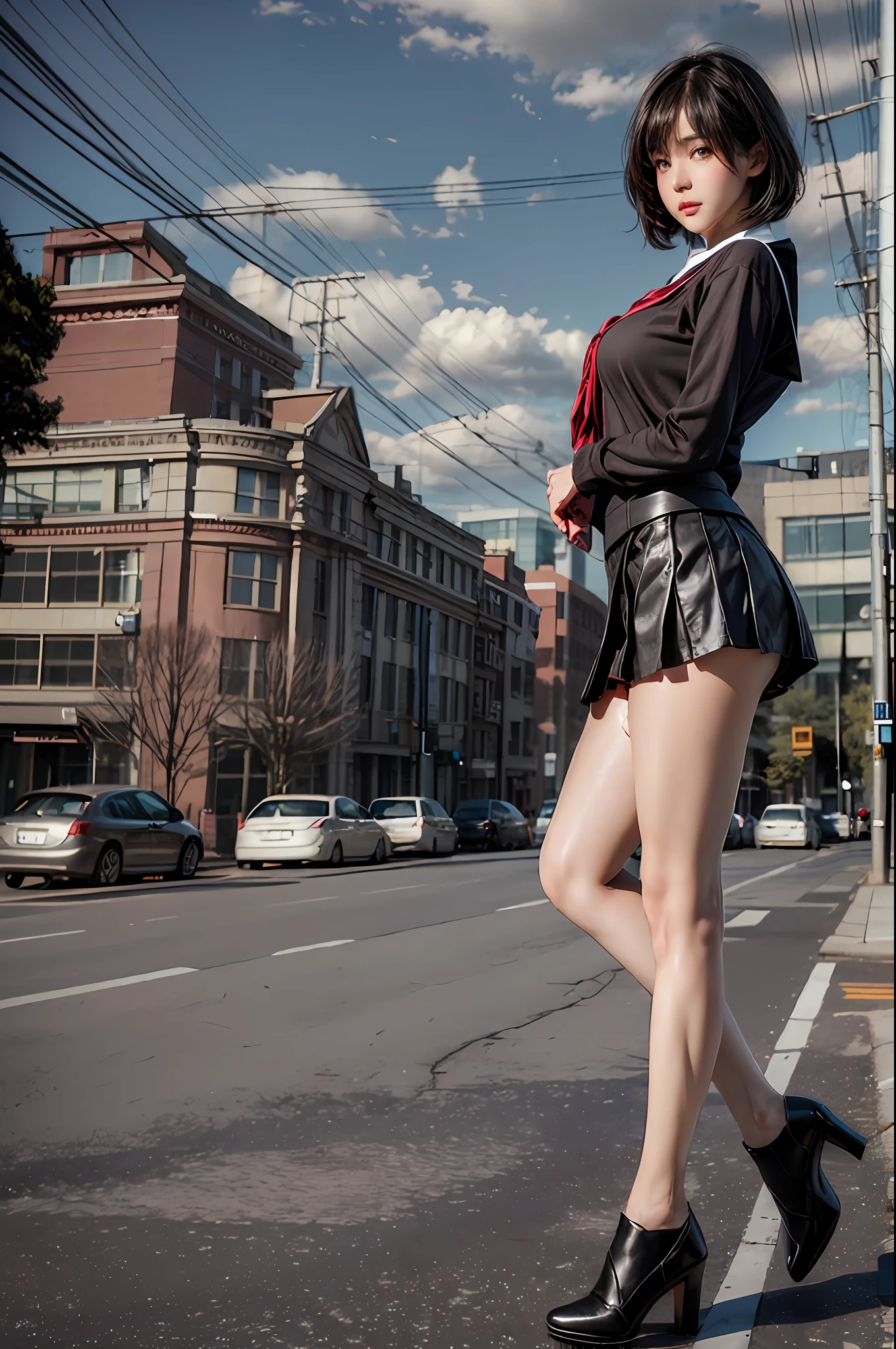 Pretty girl standing, thin legs, high heels on the ground, on the road, (masterpiece:1.3), (8k, photorealistic, RAW photo, best quality: 1.4), (1girl), beautiful face, (realistic face), (black hair, short hair:1.3), beautiful hairstyle, realistic eyes, Beautiful detail eyes, realistic skin, beautiful skin, super high resolution, super realistic, very detailed, golden ratio, cute, cute schoolgirl, wearing jk uniform, surreal high school girl, short skirt, tight skirt, pantyhose, black stockings, full body view, thin arms, long hair, big tits
