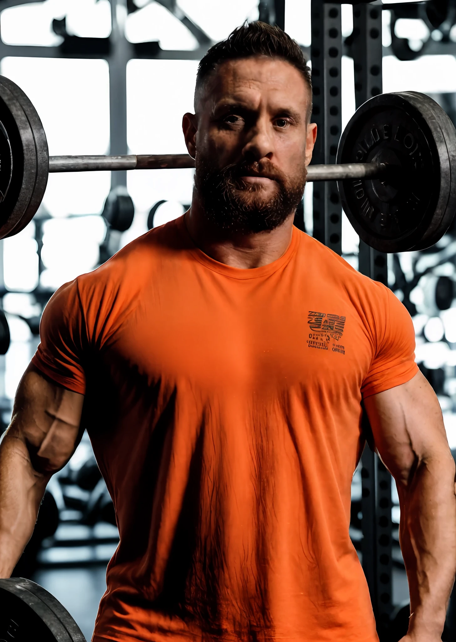 There is only one strong man. He's personal training.  30 anos. It's in a bodybuilding gym. well-defined large biceps.. olhos verdes. Ele tem pele clara. He's wearing an orange T-shirt. Background of the gym is dark with some lights and leds. realista. sharp photo. 8k