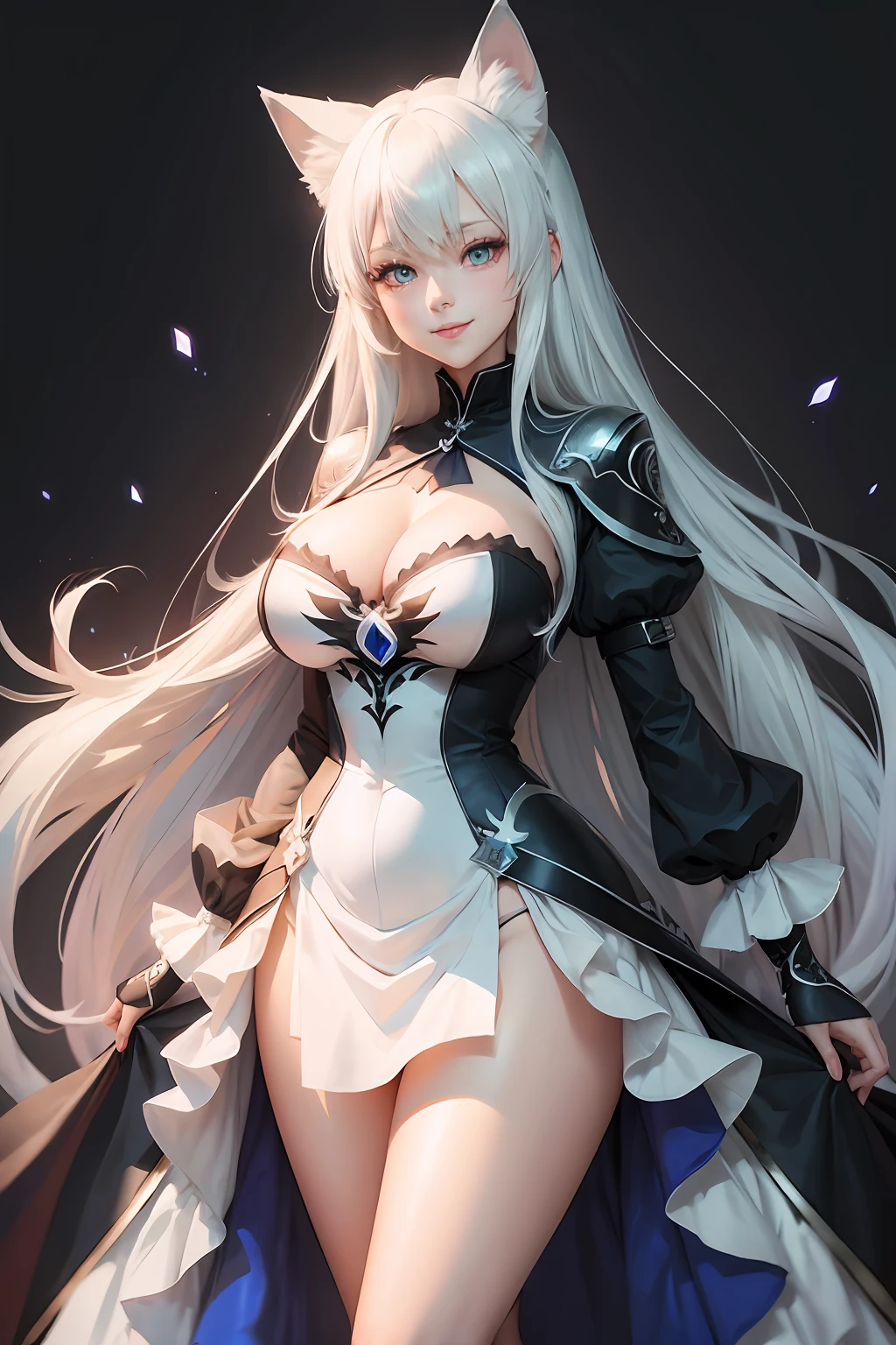 White Fox Girl, Ultra High Quality, blaues rosenkleid, schwarze schuhe, blauer Fuchsschwanz, big boobs, anime goddess, blonde anime girl with long hair, smile on face. blaue/White hair, kurzes kleid, Revealing Anime Girl,