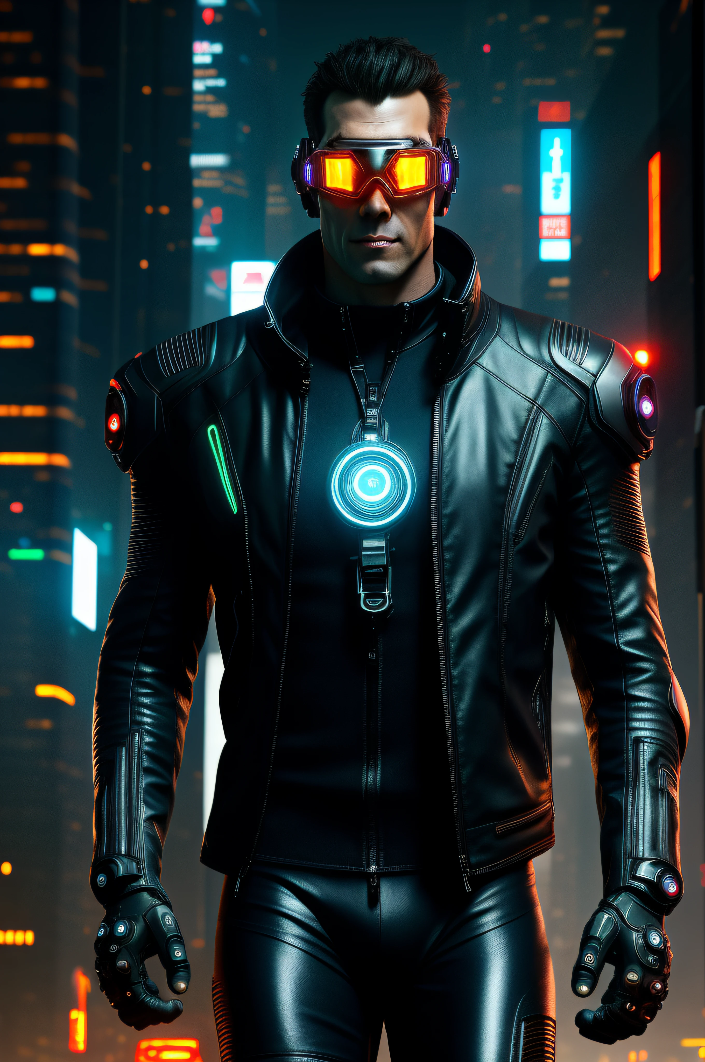 masterpiece, best quality, 1 male, adult, handsome, tall muscular guy, broad shoulders, finely detailed eyes and detailed face, extremely detailed CG unity 8k wallpaper, intricate details, Cyberpunk, motorcycle, goggles, holographic, black jacket, intense run, speed, night city, neon sign, skyscraper, depth of field