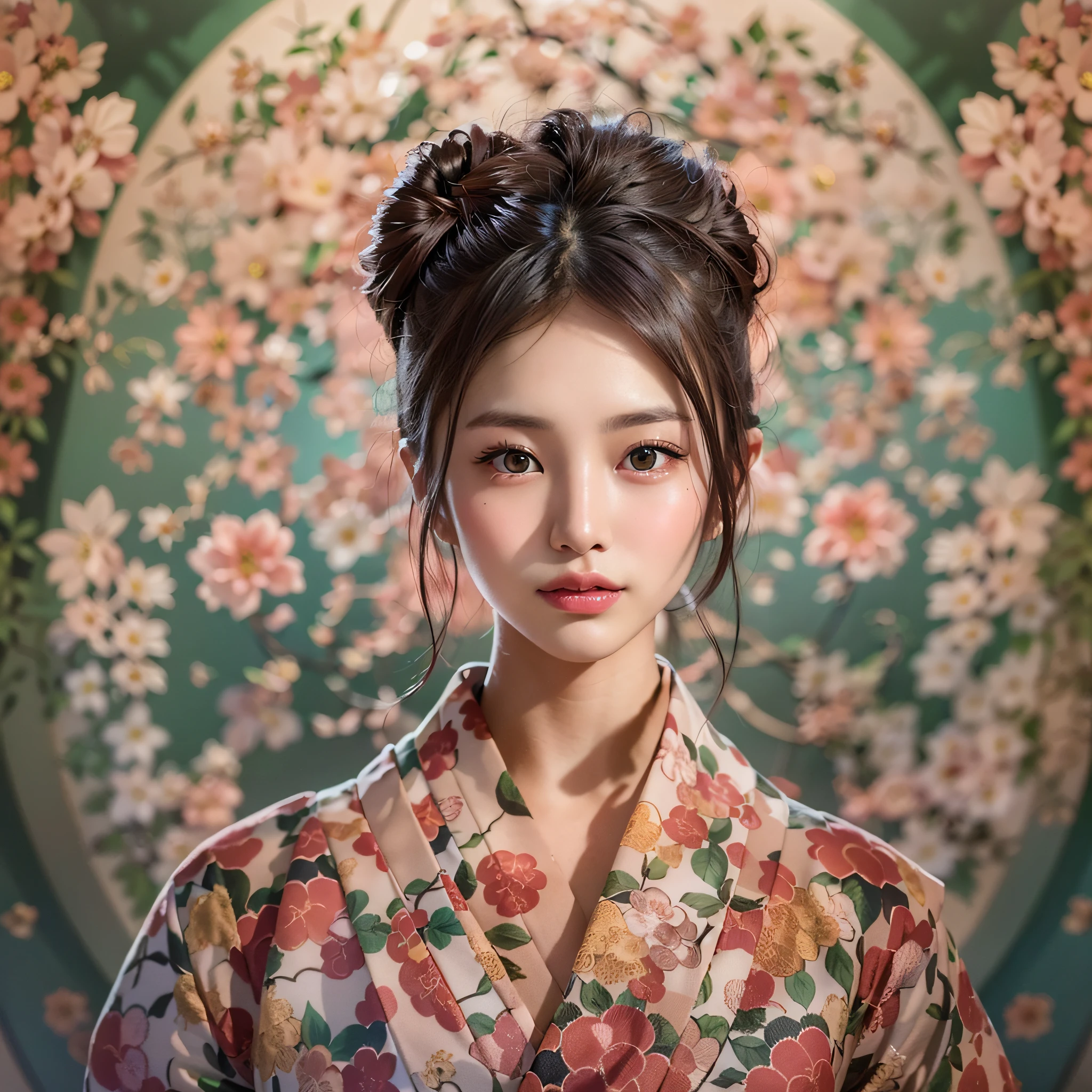 symmetrical, Compositions with coloful geometric arabesque patterns, (cowboy shot), (Bun hair, dark brown hair), (top-quality, Photorealsitic:1.4, masterpiece:1.3, RAW Photography:1.2, cinematric light, very detailed illustration), (1woman:1.3, solo), (Japan kimono with cherry blossom pattern:1.3), (asian girl, ultra delicate face, ultra Beautiful fece, ultra delicate eyes, ultra detailed nose, ultra detailed mouth, ultra detailed facial features), petite woman, (midium breast:1.3), from the front side, skiny, lipgloss, smile:0.8, Make a heart shape with your fingers and pose