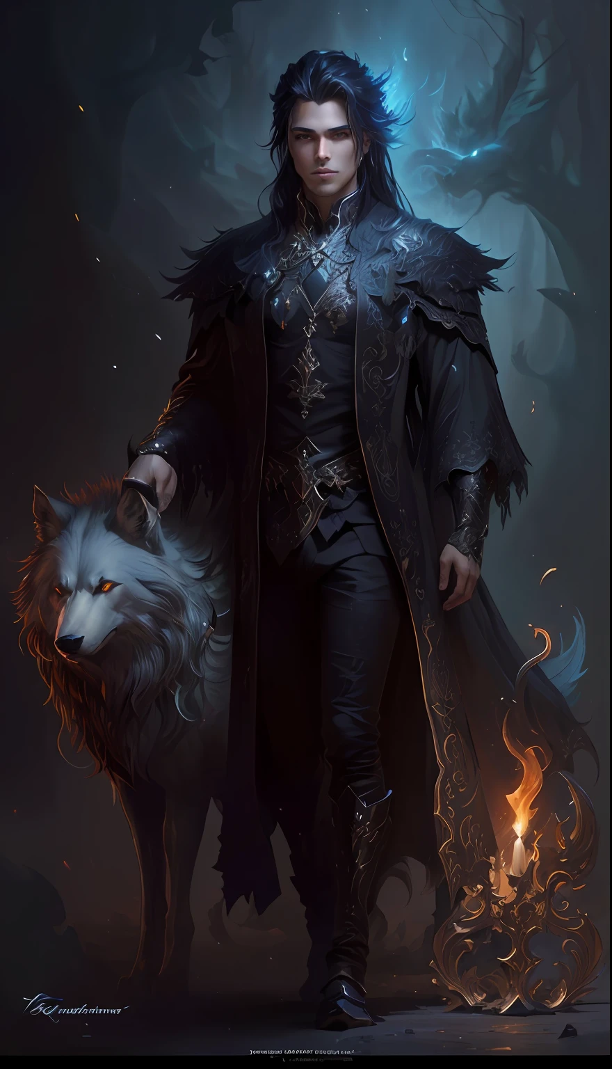 imagem arrapada de um homem de casaco preto e um lobo, design de personagens de fantasia sombria, arte de estilo fantasia escura, no estilo da arte da fantasia sombria, epic fantasy character art, arte conceitual de fantasia sombria, Tuomas Korpi e Wlop, arte de fantasia sombria, arte do personagem de fantasia, epic exquisite character art, arte de personagem impressionante, fantasy genre portrait, dark fantasy illustration